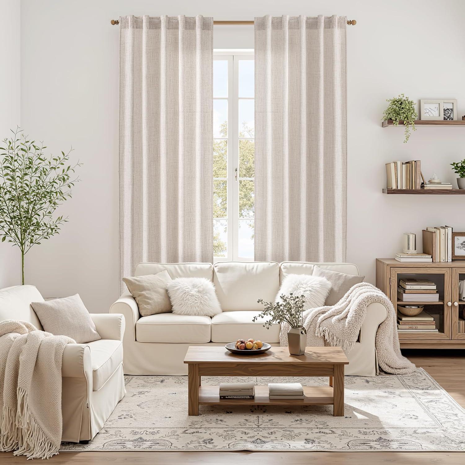 imageMIULEE Faux Linen Curtains 84 Inch Length 2 Panels Natural Burnt Orange Semi Sheer Curtain with Back Tab Rod Pocket Light Filtering Window Privacy Burlap Drapes for Living Room Bedroom 42W x 84LBeige
