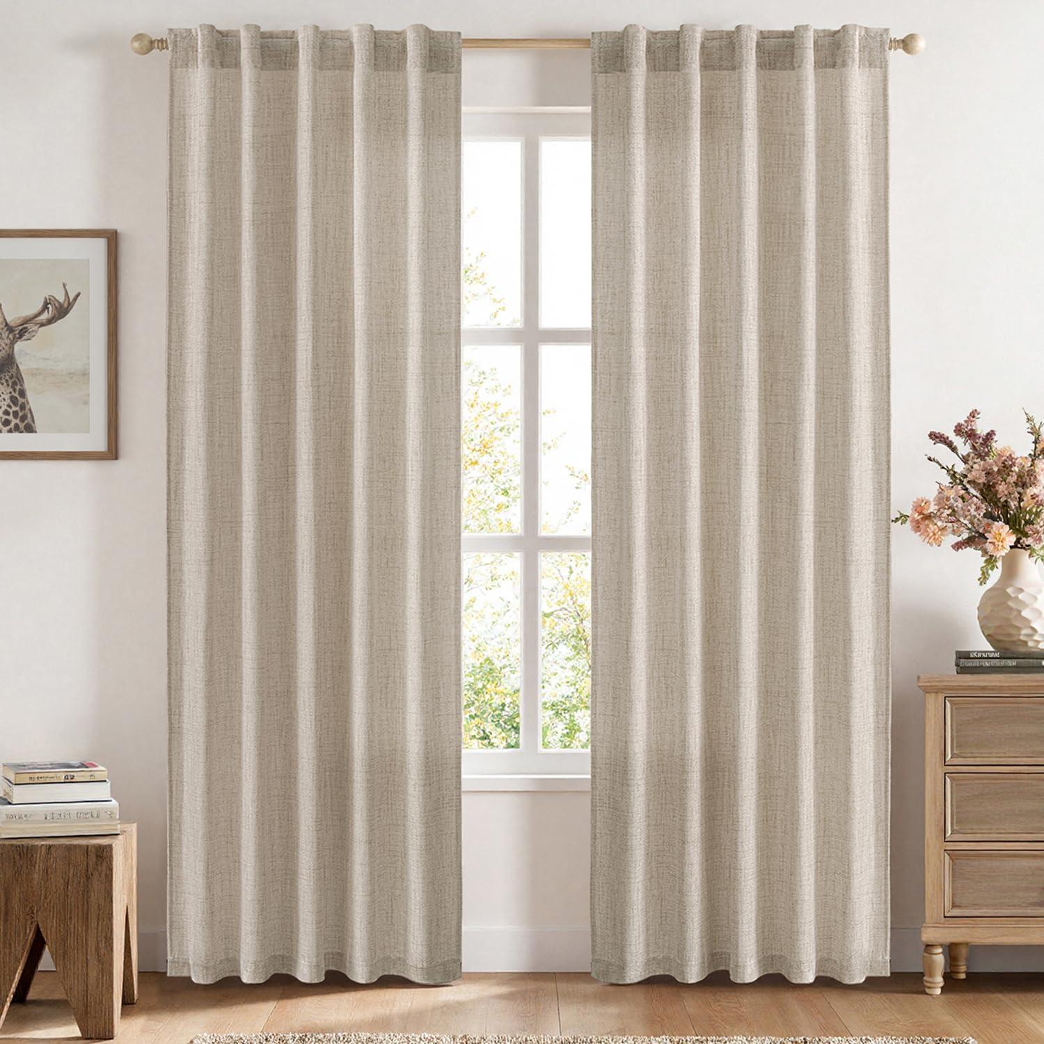 imageMIULEE Faux Linen Curtains 84 Inch Length 2 Panels Natural Burnt Orange Semi Sheer Curtain with Back Tab Rod Pocket Light Filtering Window Privacy Burlap Drapes for Living Room Bedroom 42W x 84LKhaki
