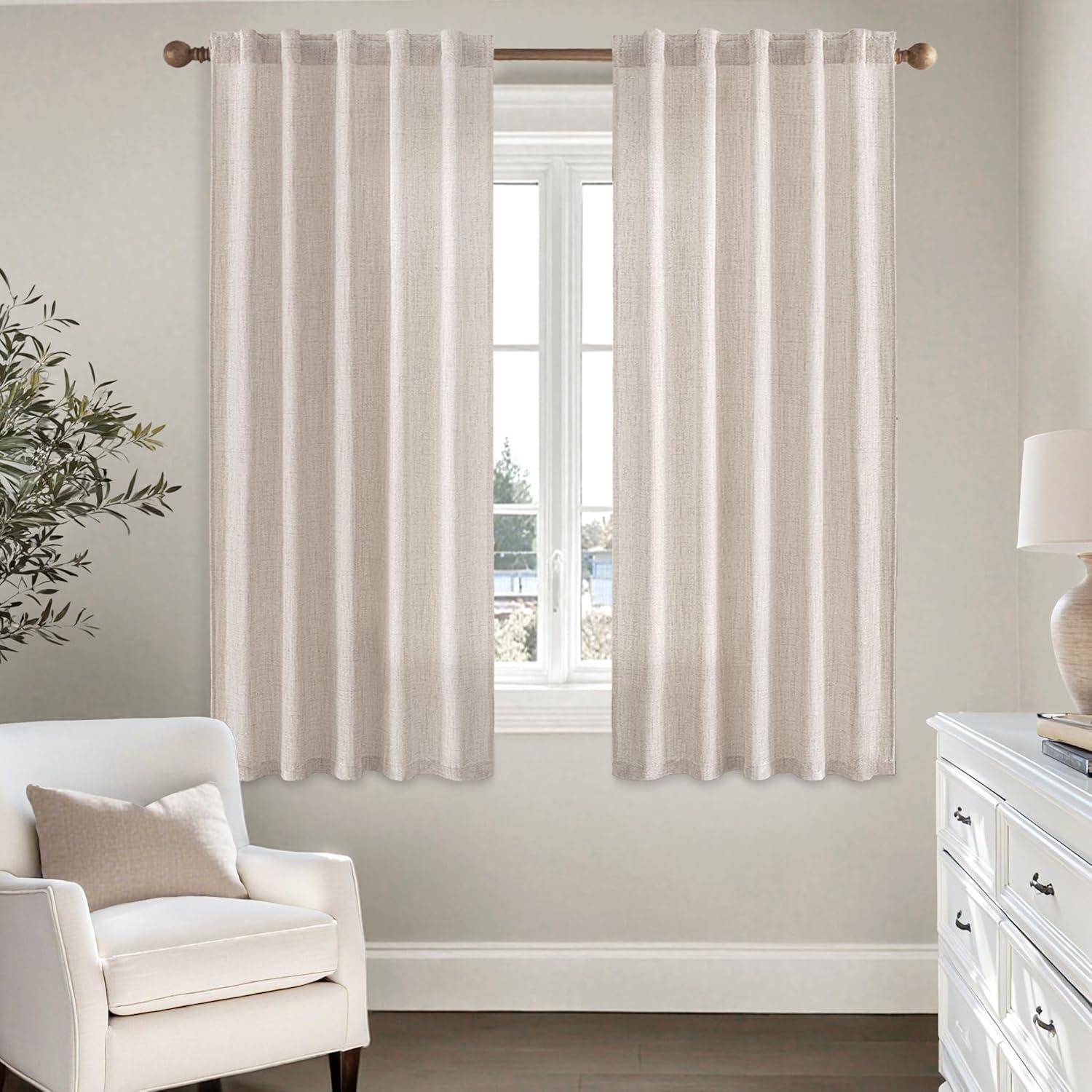 imageMIULEE Faux Linen Curtains 84 Inch Length 2 Panels Natural Burnt Orange Semi Sheer Curtain with Back Tab Rod Pocket Light Filtering Window Privacy Burlap Drapes for Living Room Bedroom 42W x 84LBeige