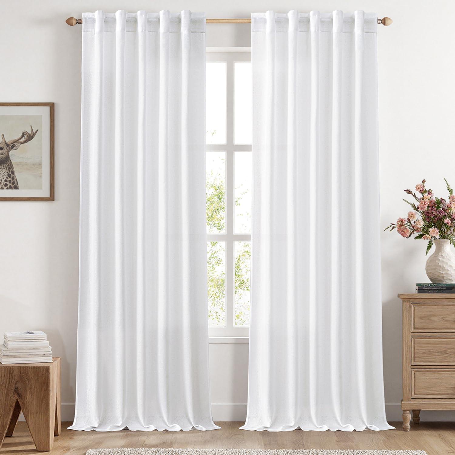 imageMIULEE Faux Linen Curtains 84 Inch Length 2 Panels Natural Burnt Orange Semi Sheer Curtain with Back Tab Rod Pocket Light Filtering Window Privacy Burlap Drapes for Living Room Bedroom 42W x 84LWhite