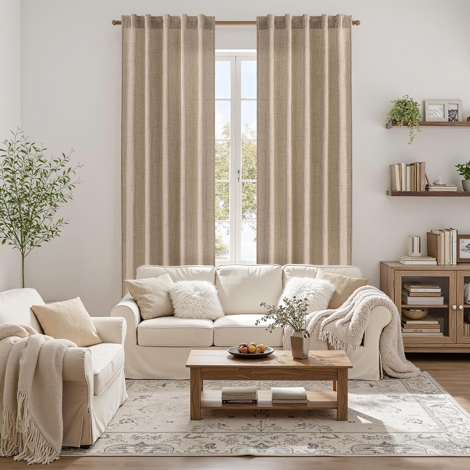 imageMIULEE Faux Linen Curtains 84 Inch Length 2 Panels Natural Burnt Orange Semi Sheer Curtain with Back Tab Rod Pocket Light Filtering Window Privacy Burlap Drapes for Living Room Bedroom 42W x 84LCopper Brown