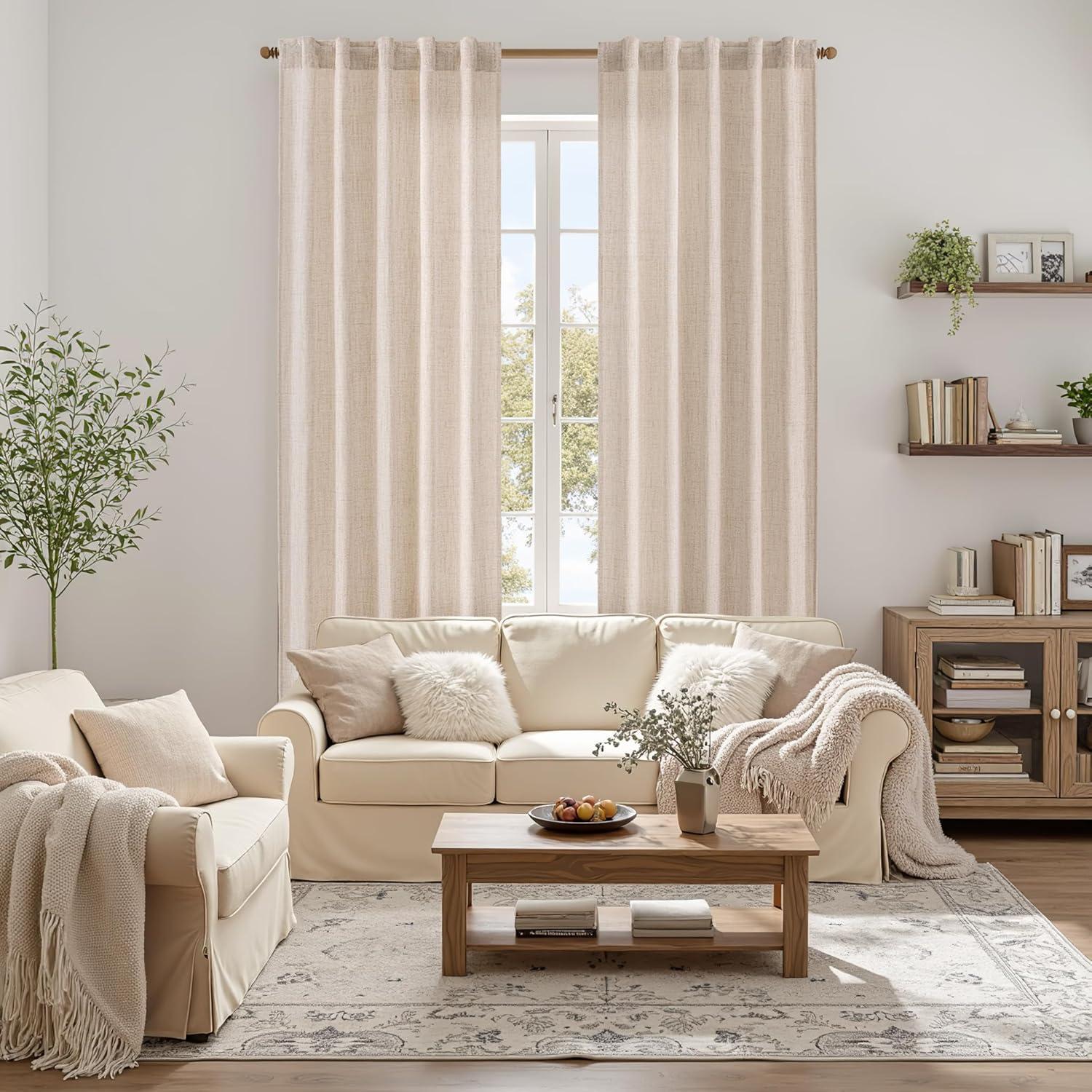 imageMIULEE Faux Linen Curtains 84 Inch Length 2 Panels Natural Burnt Orange Semi Sheer Curtain with Back Tab Rod Pocket Light Filtering Window Privacy Burlap Drapes for Living Room Bedroom 42W x 84LIvory