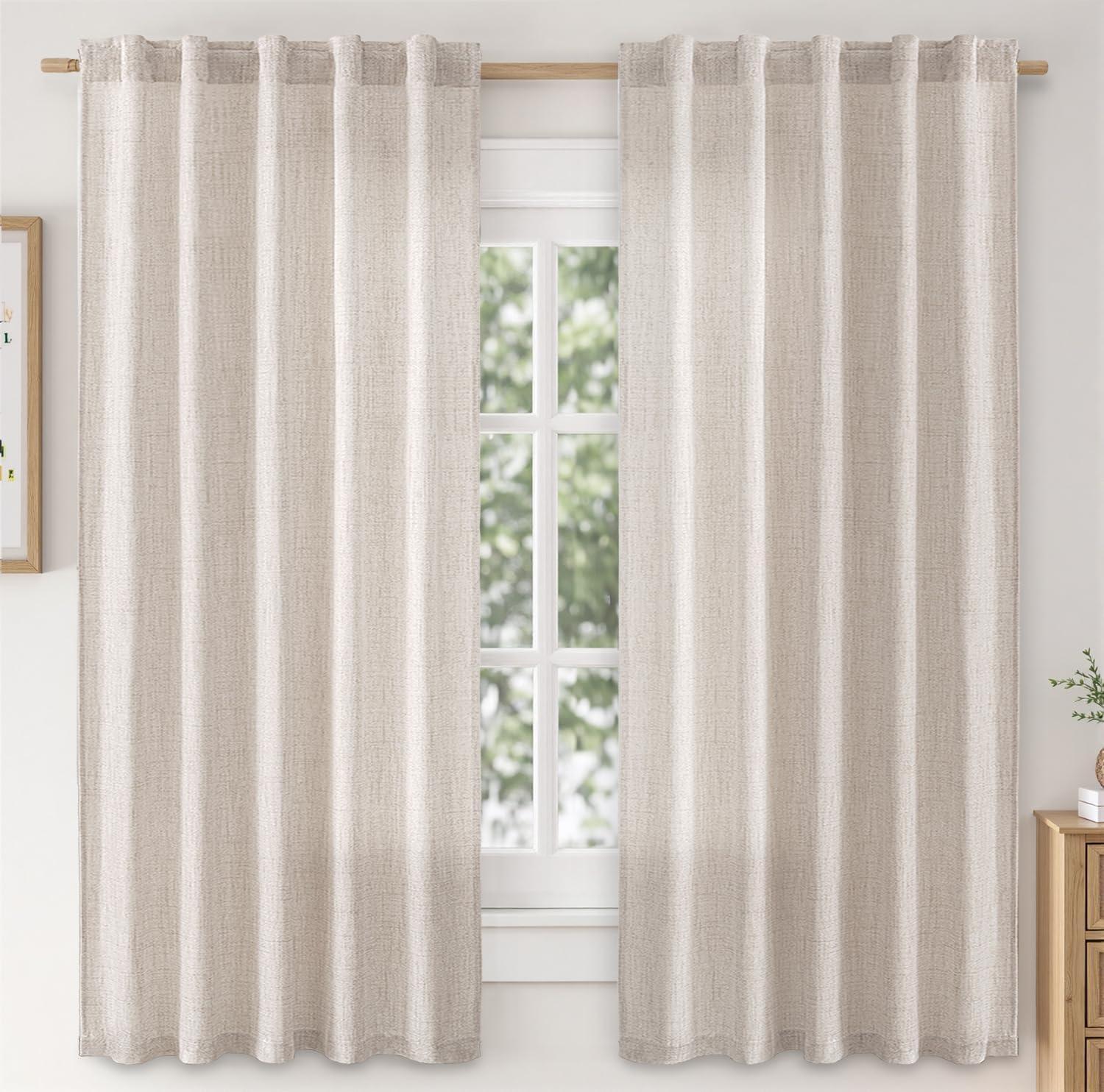 imageMIULEE Faux Linen Curtains 84 Inch Length 2 Panels Natural Burnt Orange Semi Sheer Curtain with Back Tab Rod Pocket Light Filtering Window Privacy Burlap Drapes for Living Room Bedroom 42W x 84LBeige