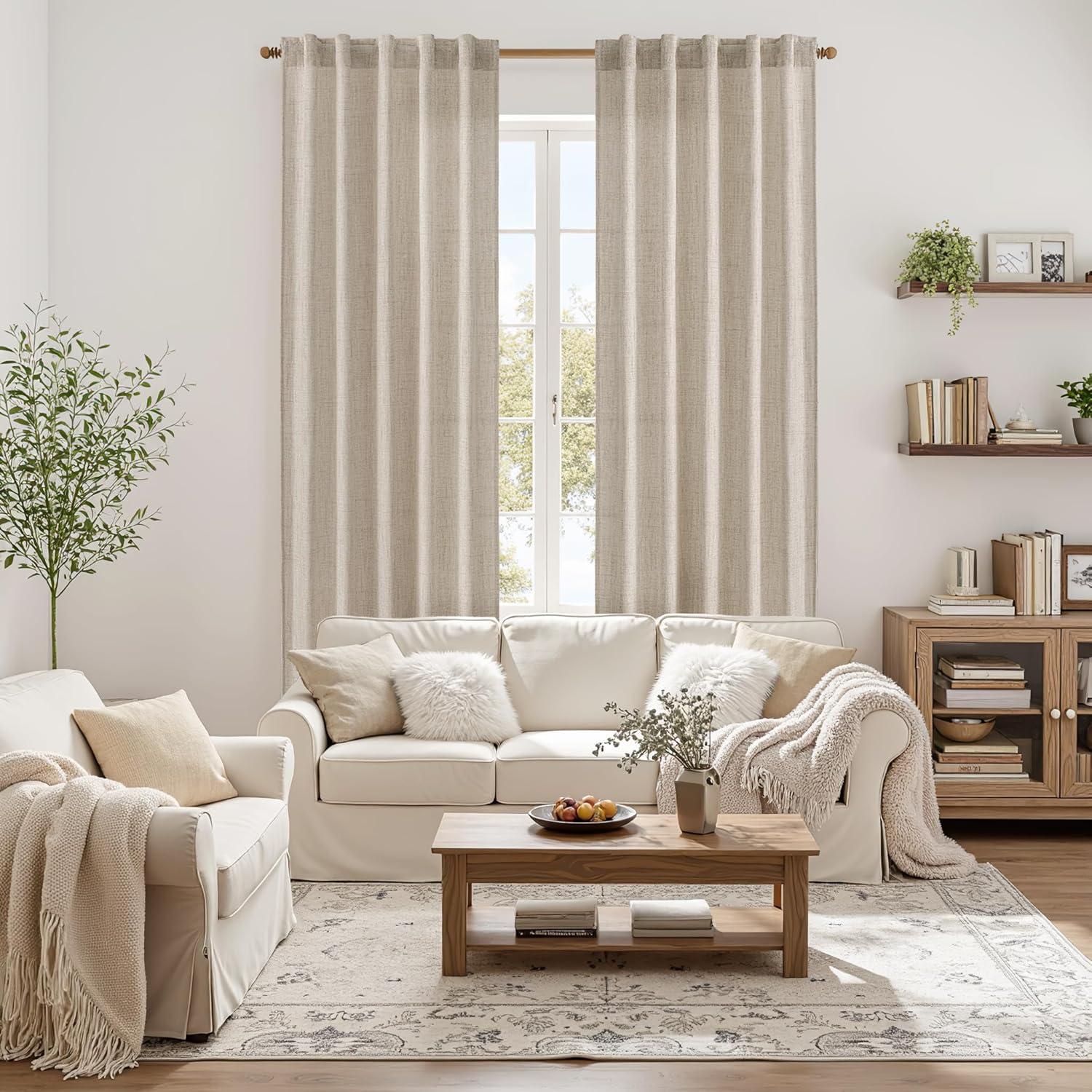 imageMIULEE Faux Linen Curtains 84 Inch Length 2 Panels Natural Burnt Orange Semi Sheer Curtain with Back Tab Rod Pocket Light Filtering Window Privacy Burlap Drapes for Living Room Bedroom 42W x 84LKhaki