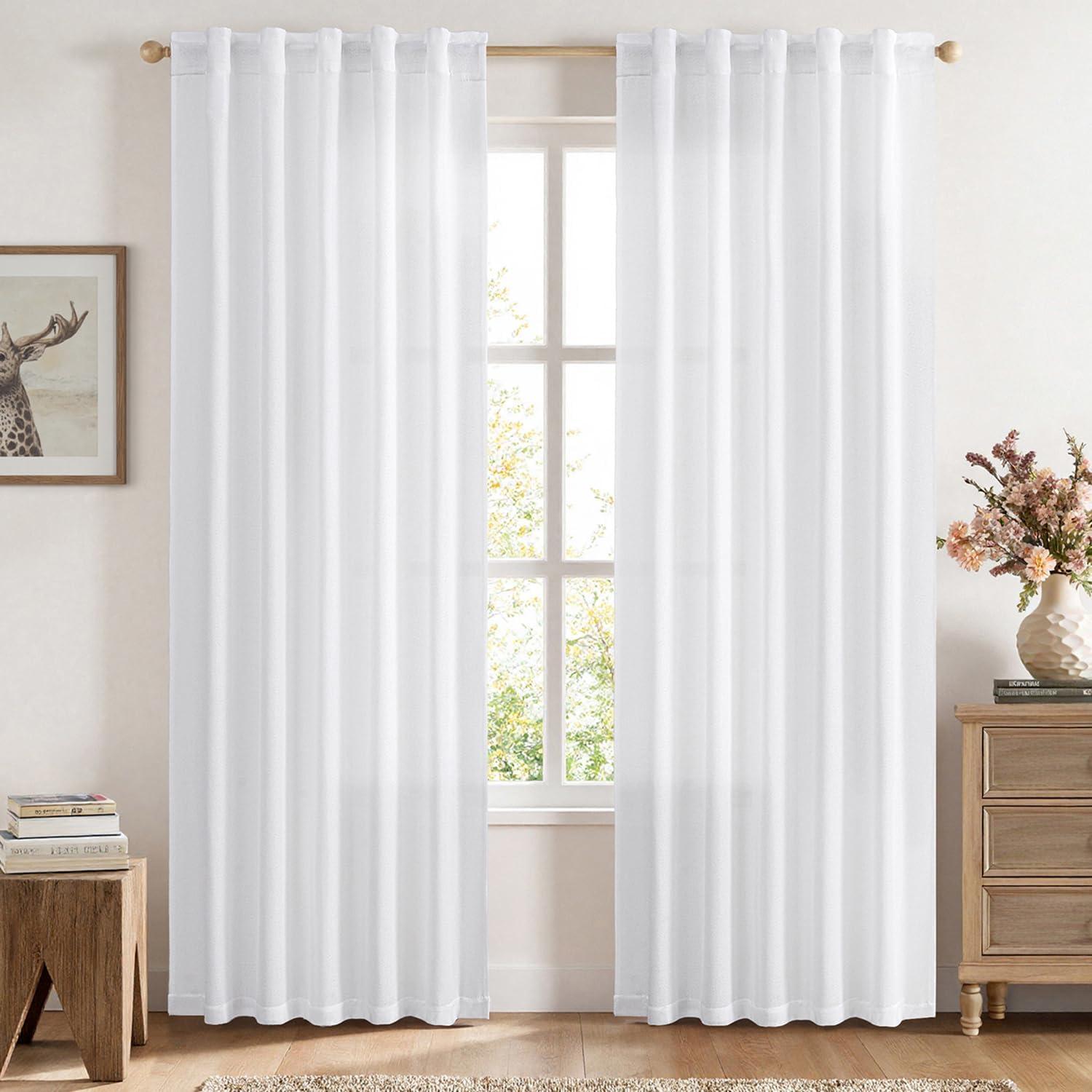 imageMIULEE Faux Linen Curtains 84 Inch Length 2 Panels Natural Burnt Orange Semi Sheer Curtain with Back Tab Rod Pocket Light Filtering Window Privacy Burlap Drapes for Living Room Bedroom 42W x 84LWhite