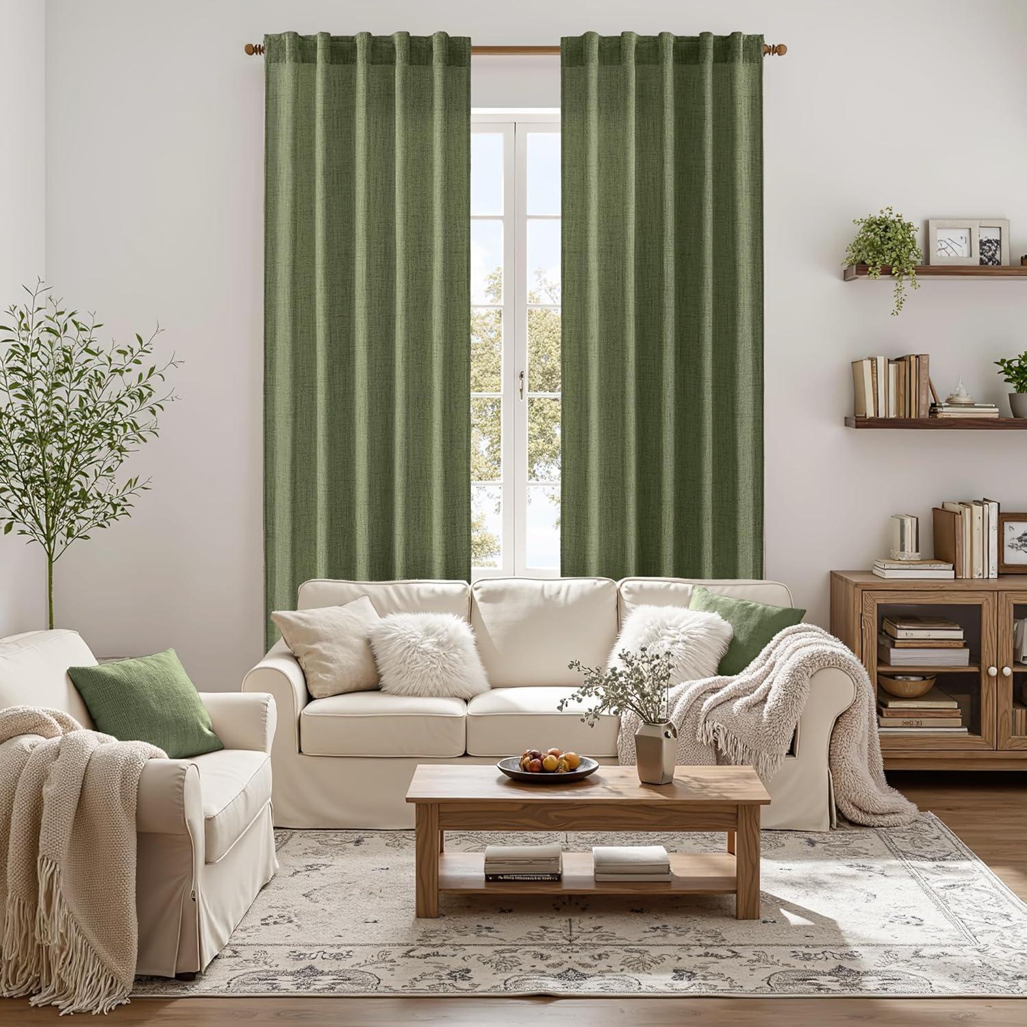 imageMIULEE Faux Linen Curtains 84 Inch Length 2 Panels Natural Burnt Orange Semi Sheer Curtain with Back Tab Rod Pocket Light Filtering Window Privacy Burlap Drapes for Living Room Bedroom 42W x 84LOlive Green