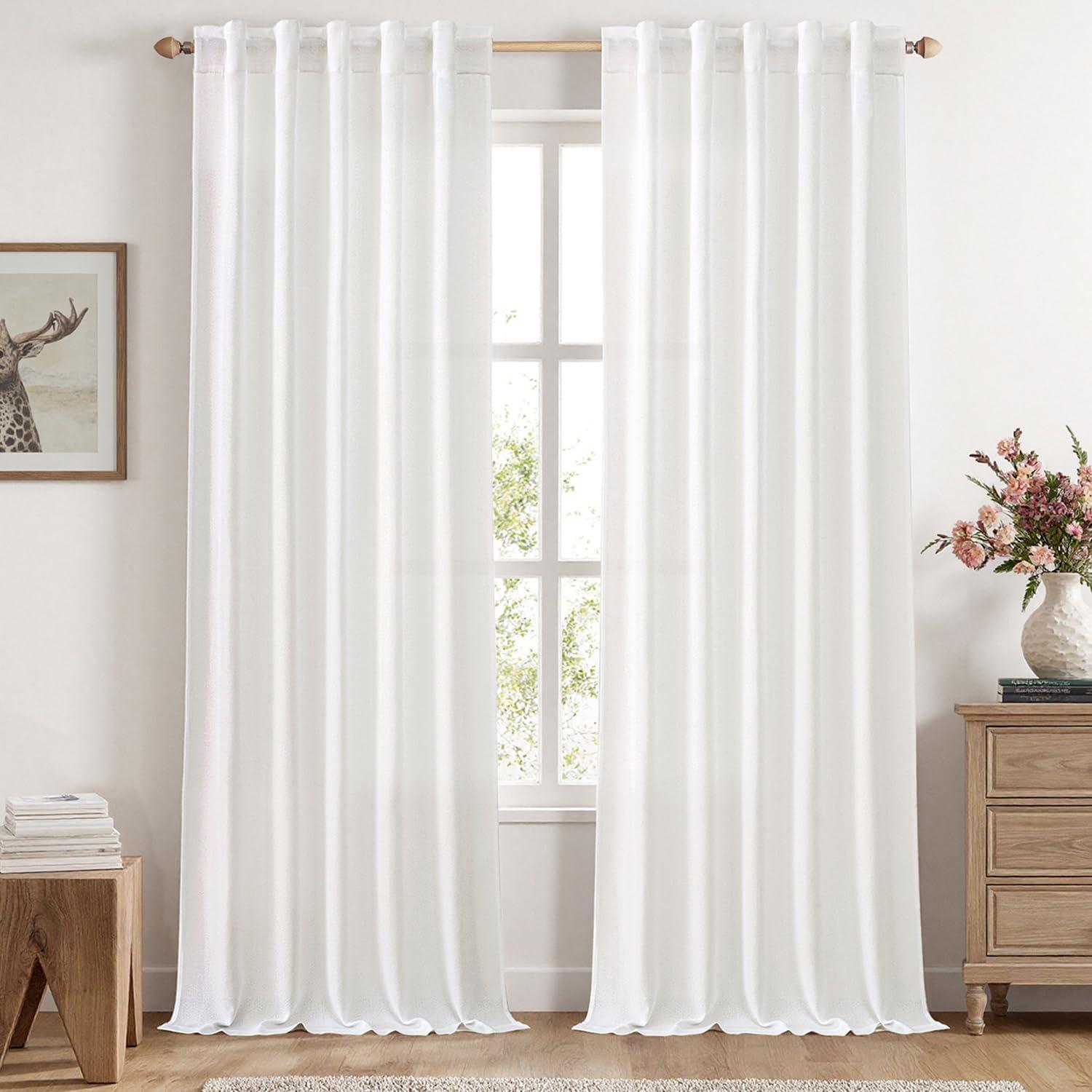 imageMIULEE Faux Linen Curtains 84 Inch Length 2 Panels Natural Burnt Orange Semi Sheer Curtain with Back Tab Rod Pocket Light Filtering Window Privacy Burlap Drapes for Living Room Bedroom 42W x 84LHeathered White