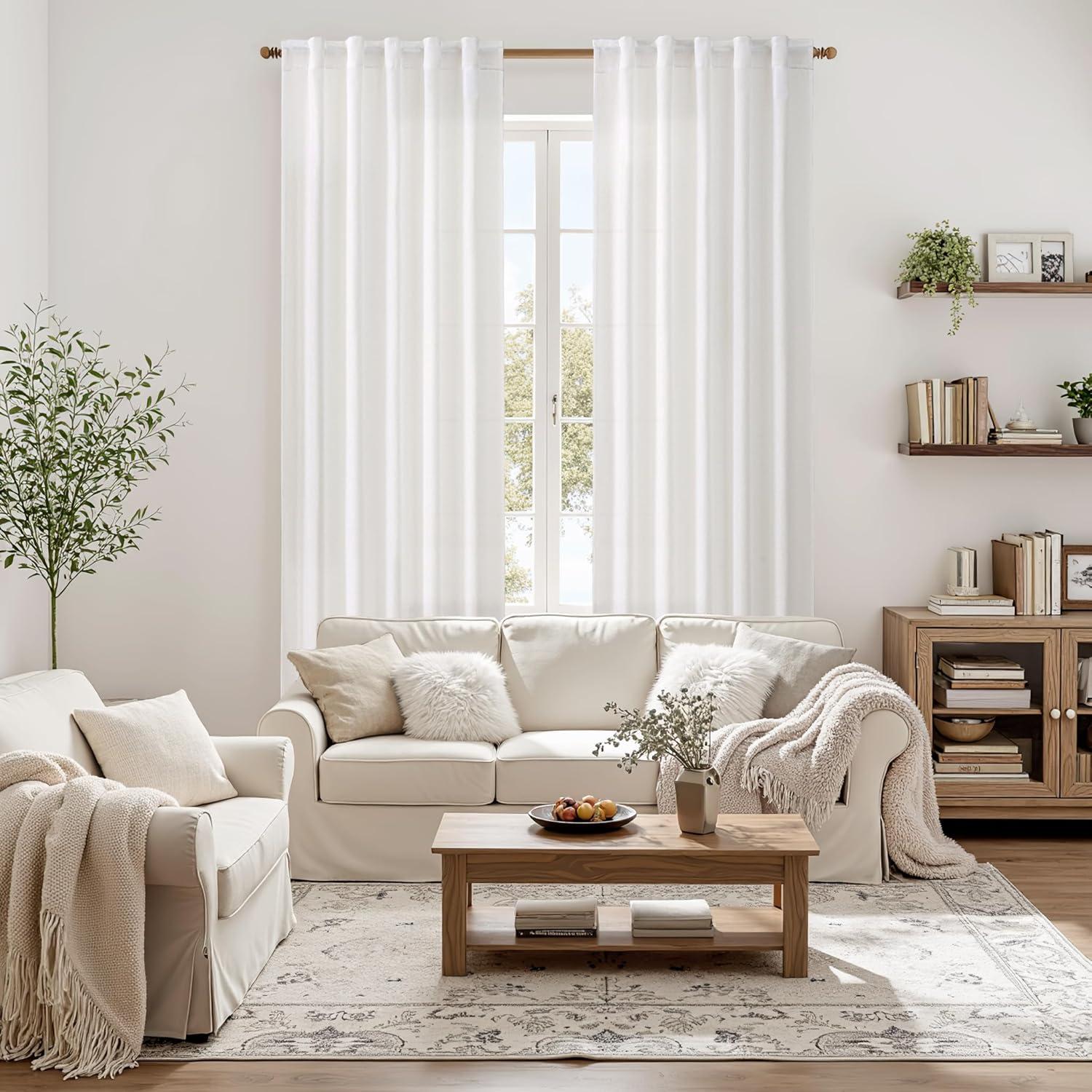 imageMIULEE Faux Linen Curtains 84 Inch Length 2 Panels Natural Burnt Orange Semi Sheer Curtain with Back Tab Rod Pocket Light Filtering Window Privacy Burlap Drapes for Living Room Bedroom 42W x 84LHeathered White