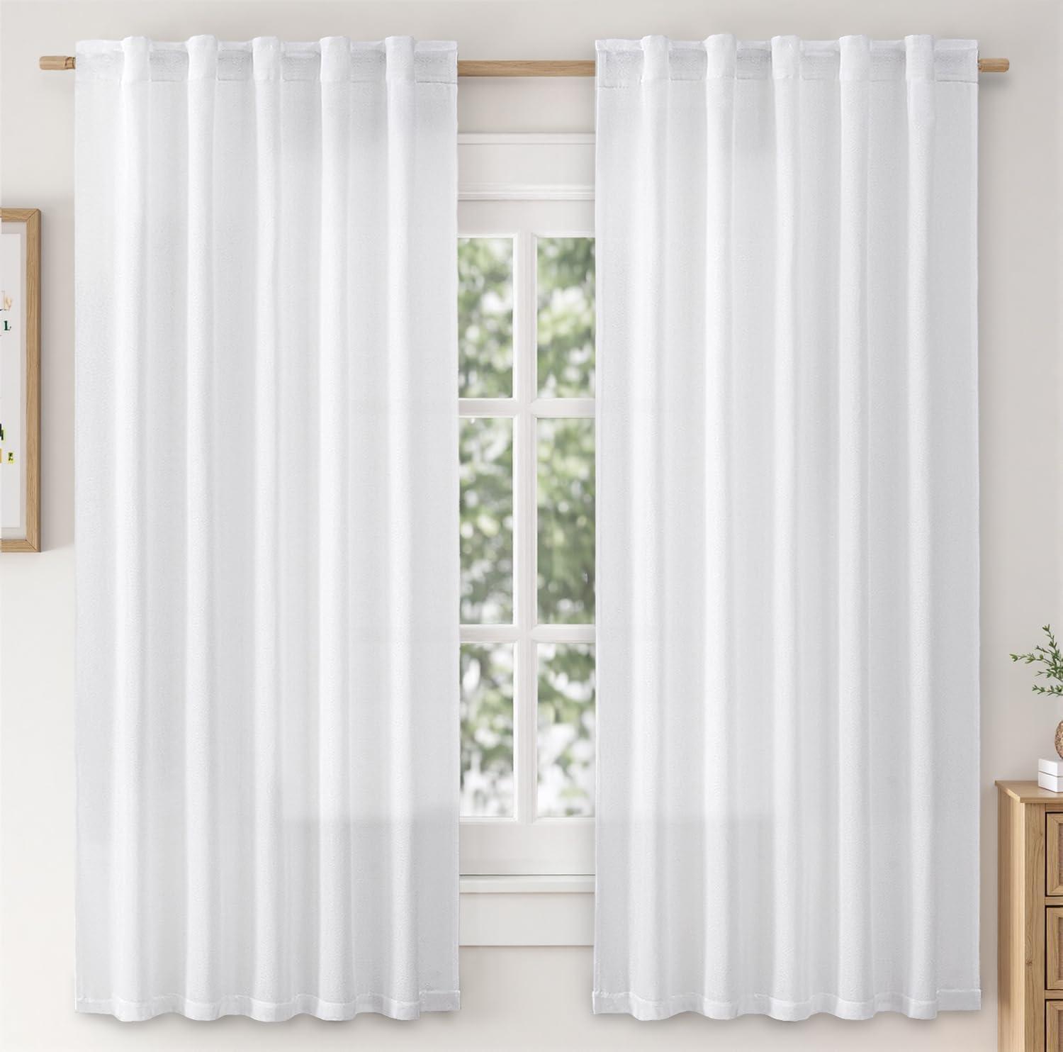 imageMIULEE Faux Linen Curtains 84 Inch Length 2 Panels Natural Burnt Orange Semi Sheer Curtain with Back Tab Rod Pocket Light Filtering Window Privacy Burlap Drapes for Living Room Bedroom 42W x 84LWhite