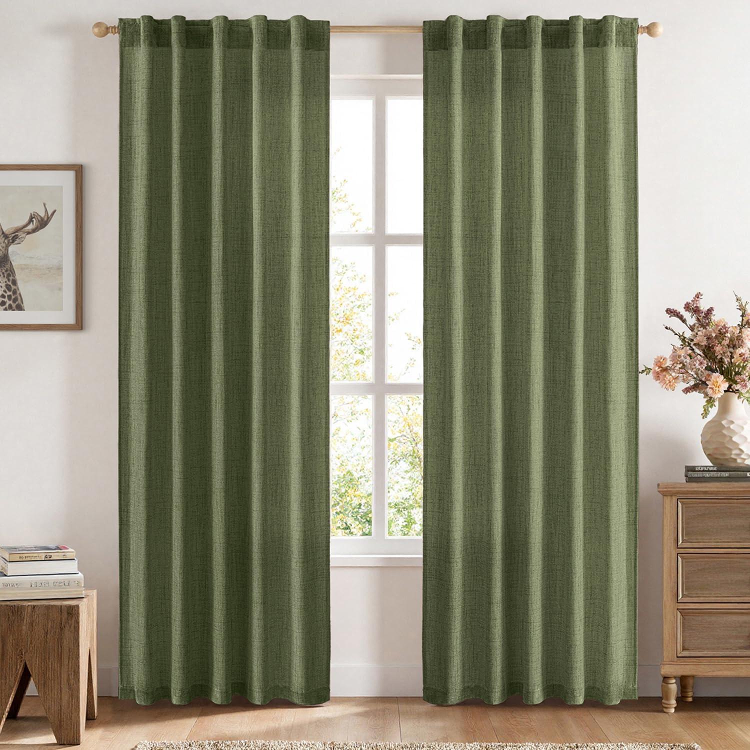 imageMIULEE Faux Linen Curtains 84 Inch Length 2 Panels Natural Burnt Orange Semi Sheer Curtain with Back Tab Rod Pocket Light Filtering Window Privacy Burlap Drapes for Living Room Bedroom 42W x 84LOlive Green