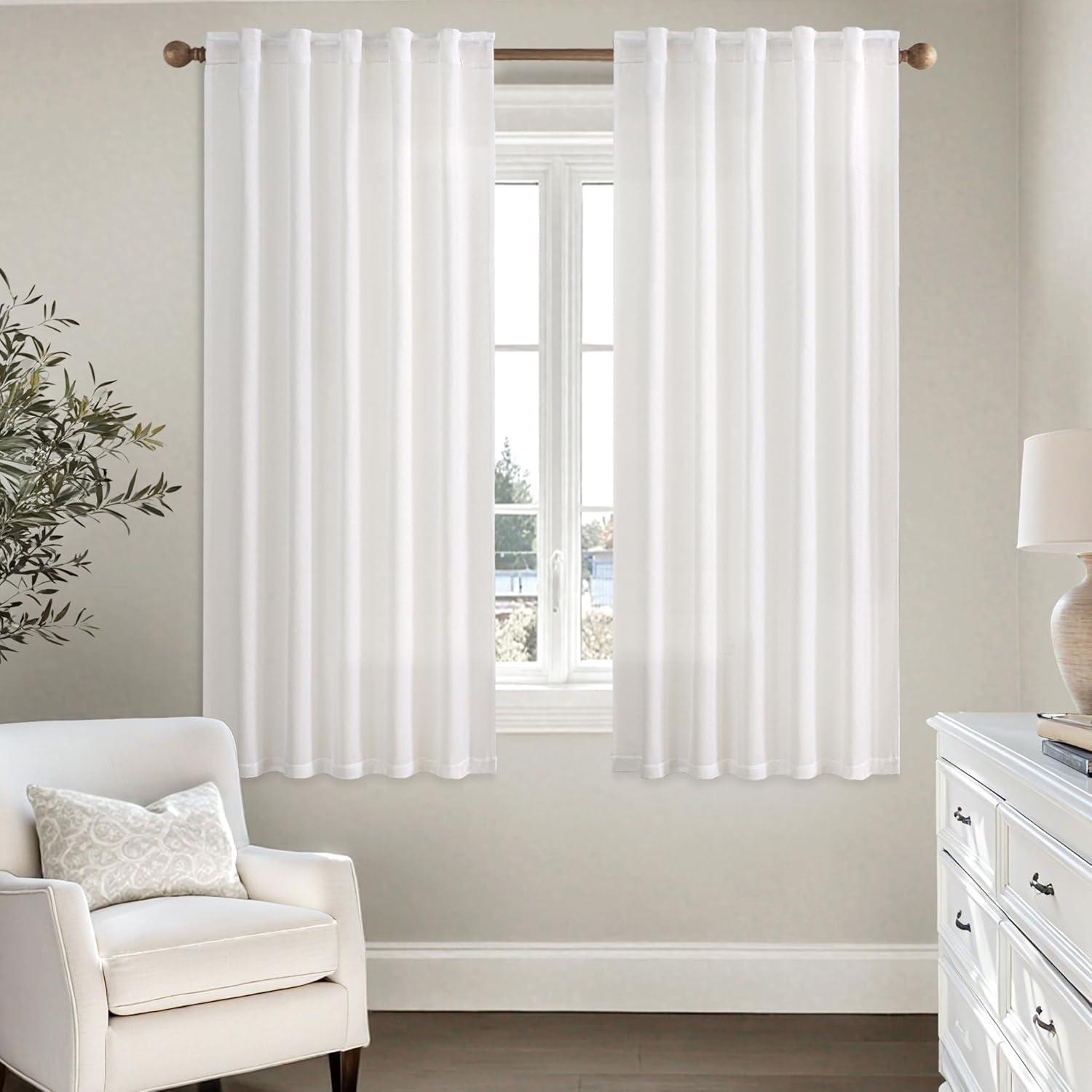 imageMIULEE Faux Linen Curtains 84 Inch Length 2 Panels Natural Burnt Orange Semi Sheer Curtain with Back Tab Rod Pocket Light Filtering Window Privacy Burlap Drapes for Living Room Bedroom 42W x 84LHeathered White