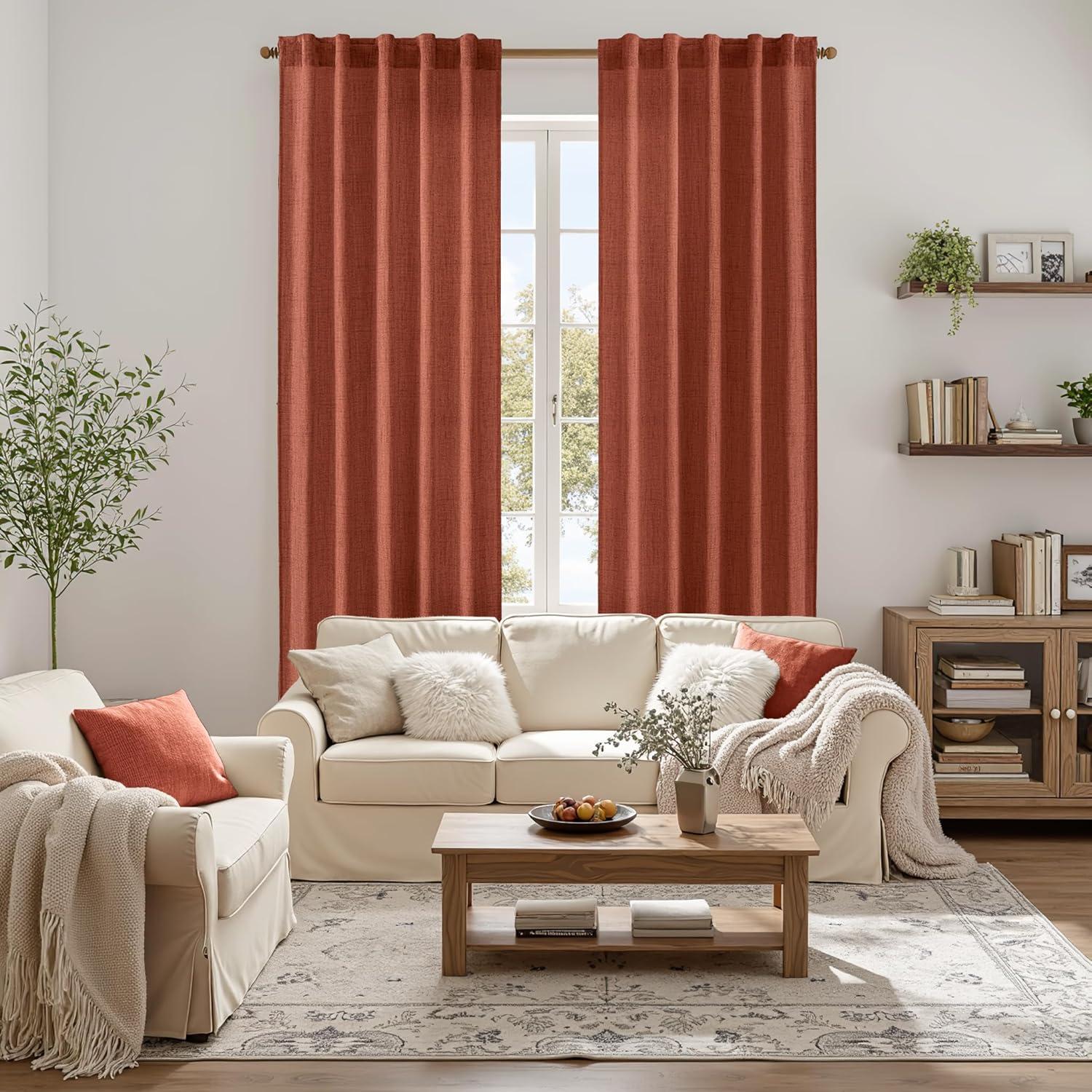 imageMIULEE Faux Linen Curtains 84 Inch Length 2 Panels Natural Burnt Orange Semi Sheer Curtain with Back Tab Rod Pocket Light Filtering Window Privacy Burlap Drapes for Living Room Bedroom 42W x 84LBurnt Orange
