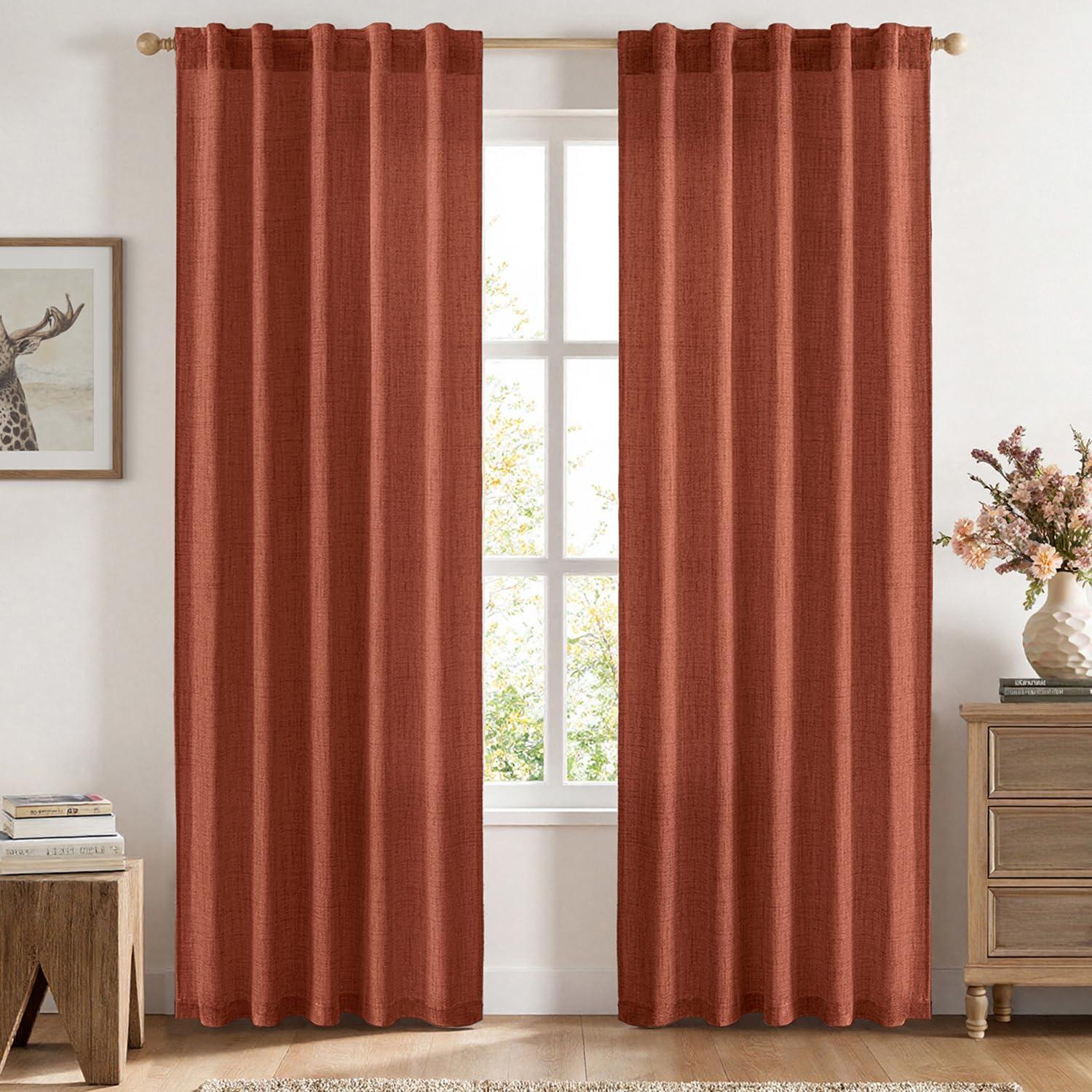imageMIULEE Faux Linen Curtains 84 Inch Length 2 Panels Natural Burnt Orange Semi Sheer Curtain with Back Tab Rod Pocket Light Filtering Window Privacy Burlap Drapes for Living Room Bedroom 42W x 84LBurnt Orange