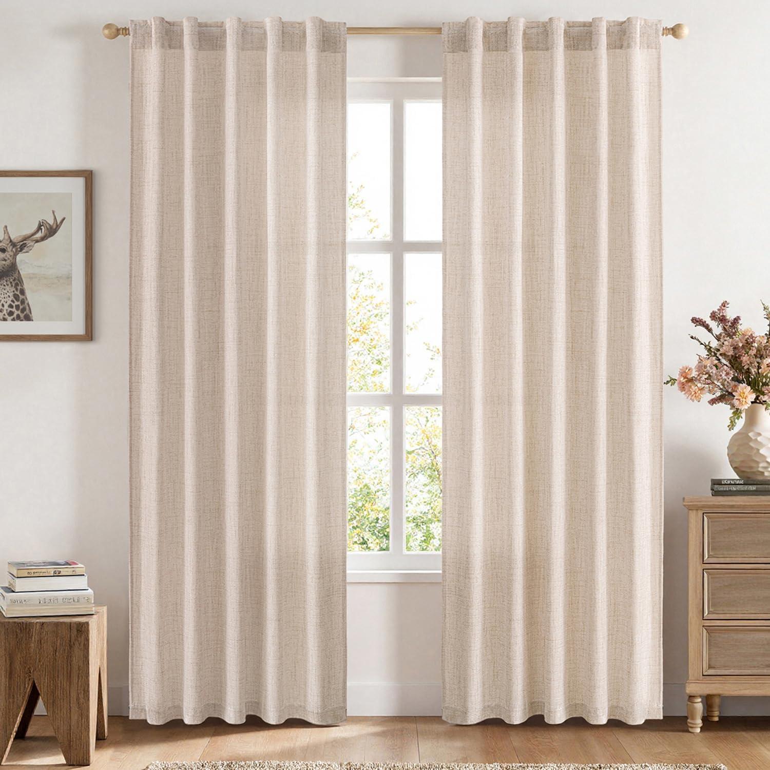 imageMIULEE Faux Linen Curtains 84 Inch Length 2 Panels Natural Burnt Orange Semi Sheer Curtain with Back Tab Rod Pocket Light Filtering Window Privacy Burlap Drapes for Living Room Bedroom 42W x 84LIvory