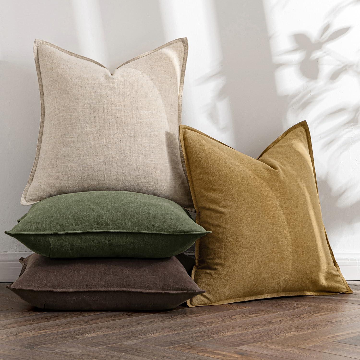 imageMIULEE Green and White Pillow Covers Pack of 4 Christmas Decorative Natural Solid Throw Pillow Covers Soft Accent Boho Farmhouse Couch Pillowcases Modern Decor for Living Room Bed Sofa 18x18 InchNeutral GreenBrown