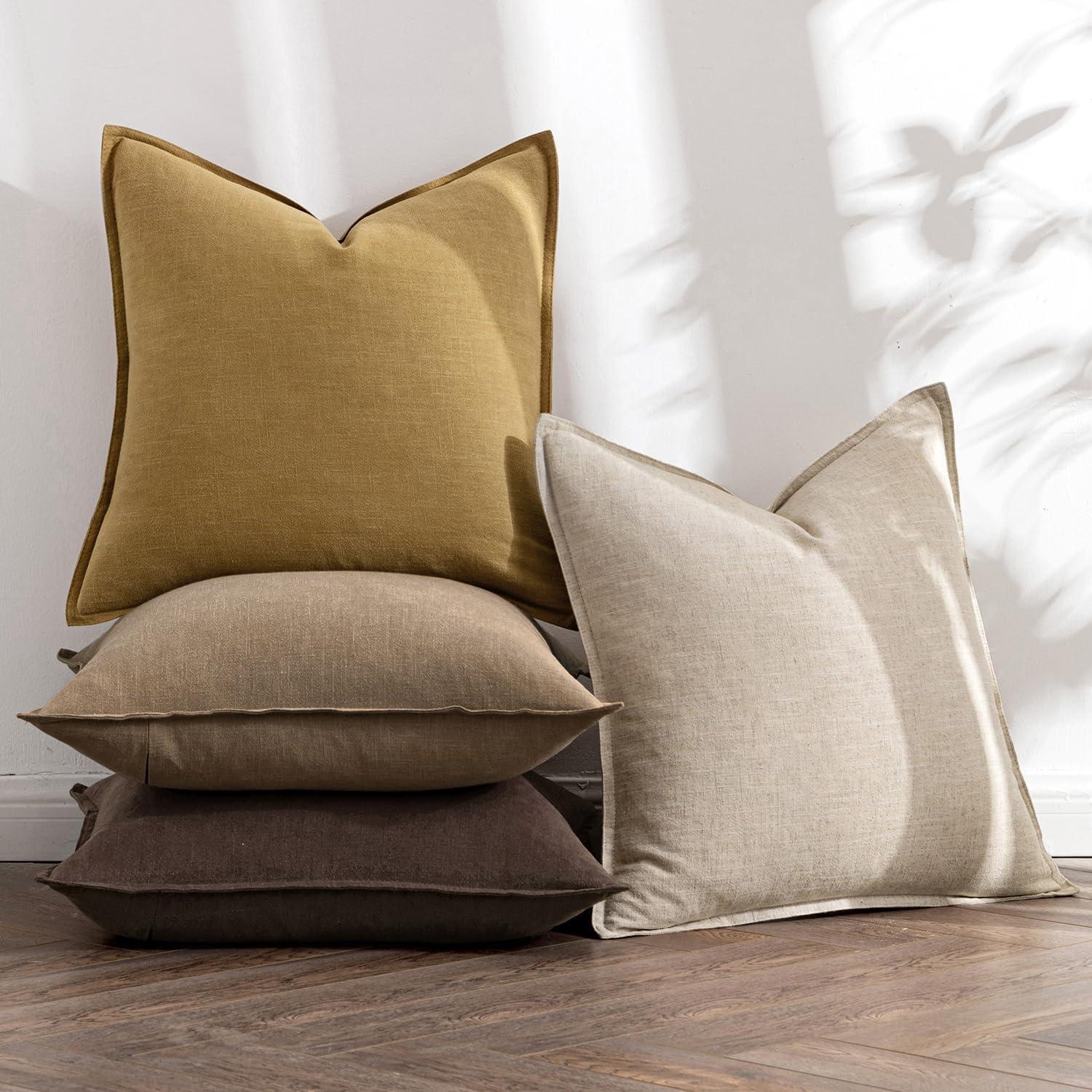 imageMIULEE Green and White Pillow Covers Pack of 4 Christmas Decorative Natural Solid Throw Pillow Covers Soft Accent Boho Farmhouse Couch Pillowcases Modern Decor for Living Room Bed Sofa 18x18 InchNeutral GoldBrown