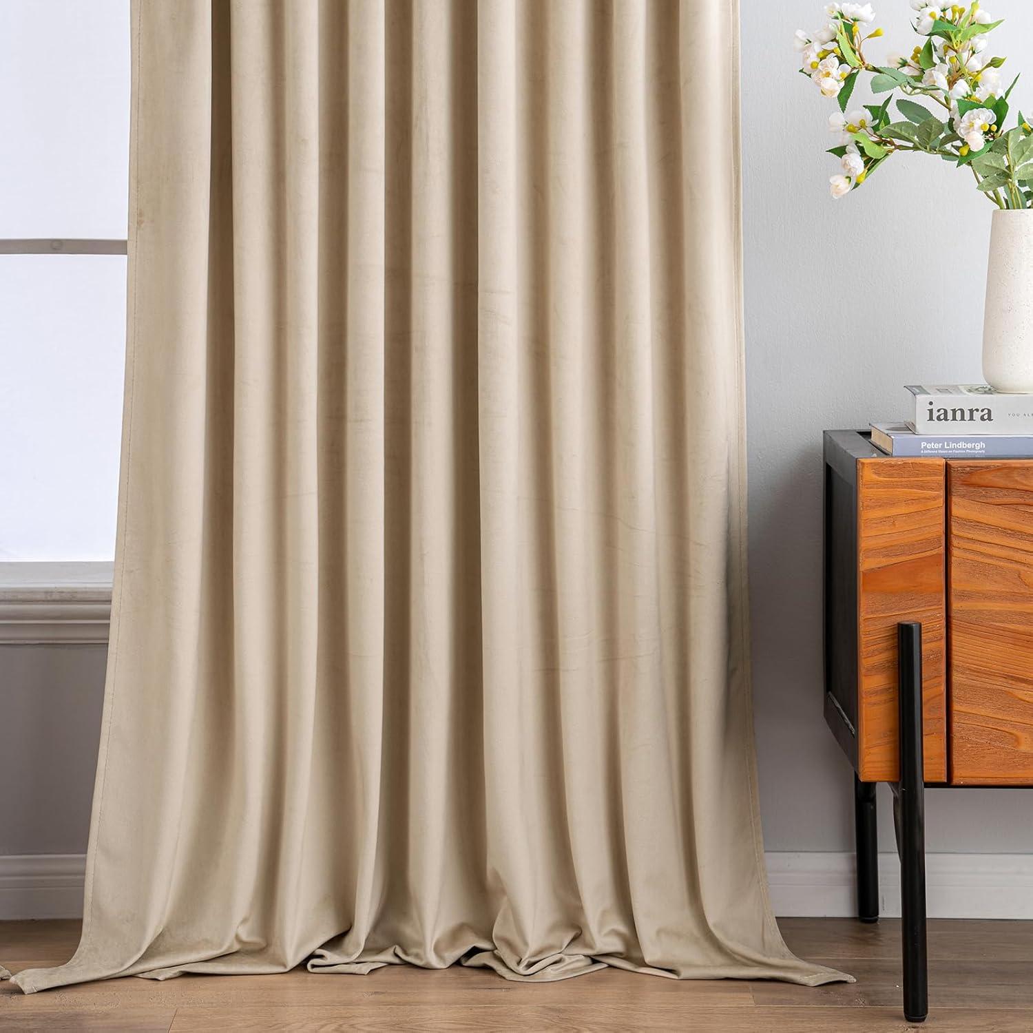 imageMIULEE Hot Pink Velvet Curtains 84 inches 2 Panels Luxury Room Darkening Window Drapes for Bedroom Living Room Thermal Insulated Super Soft Blackout Back Tab Rod Pocket Pinch Pleated W52 x L84Camel Beige