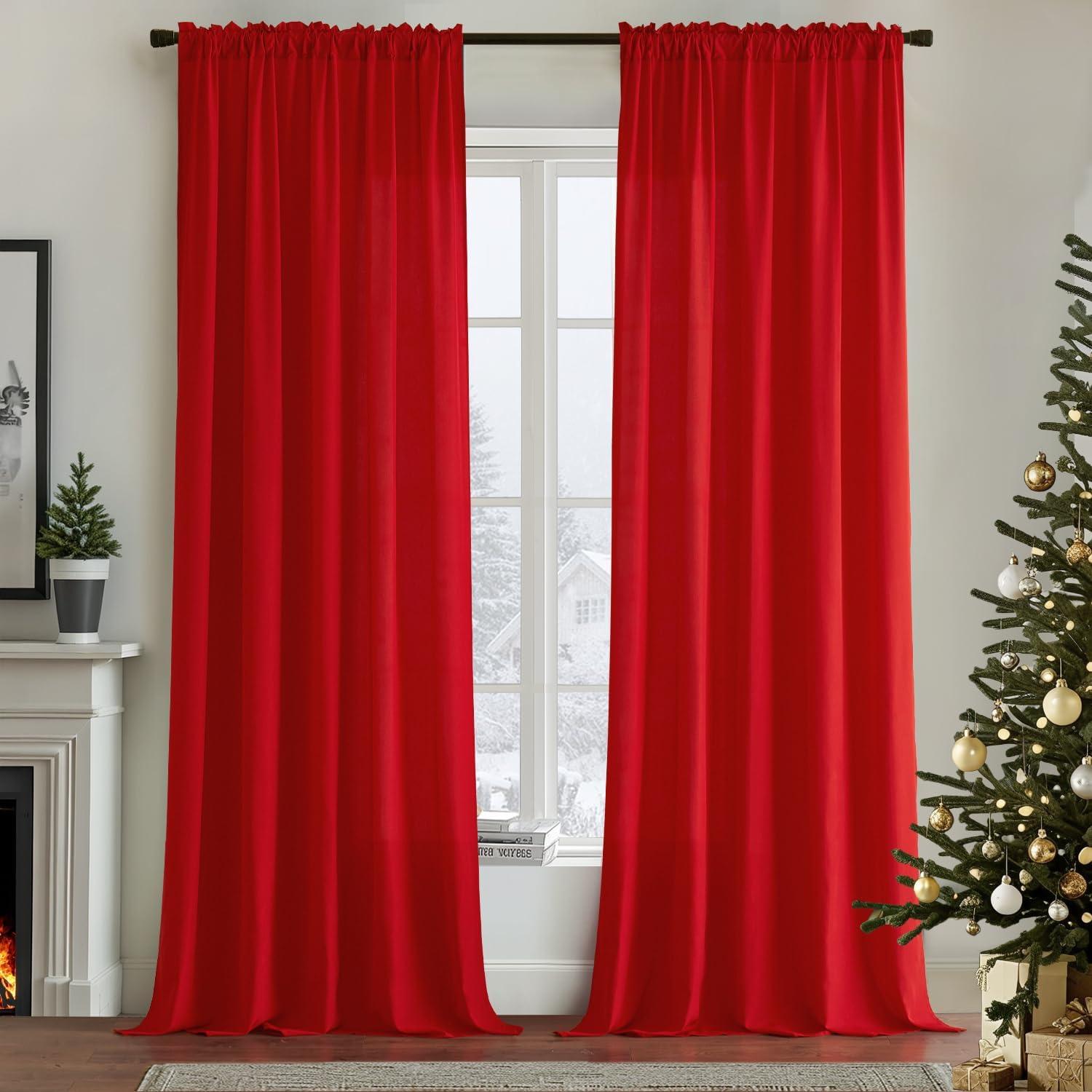 imageMIULEE Hunter Green Privacy Sheer Curtains That Let Light in 84 Inches Long NonSeeThrough Semi Sheer Curtain Light Filtering Window Curtains Christmas Drapes for Living Room Bedroom 2 Panels SetRed