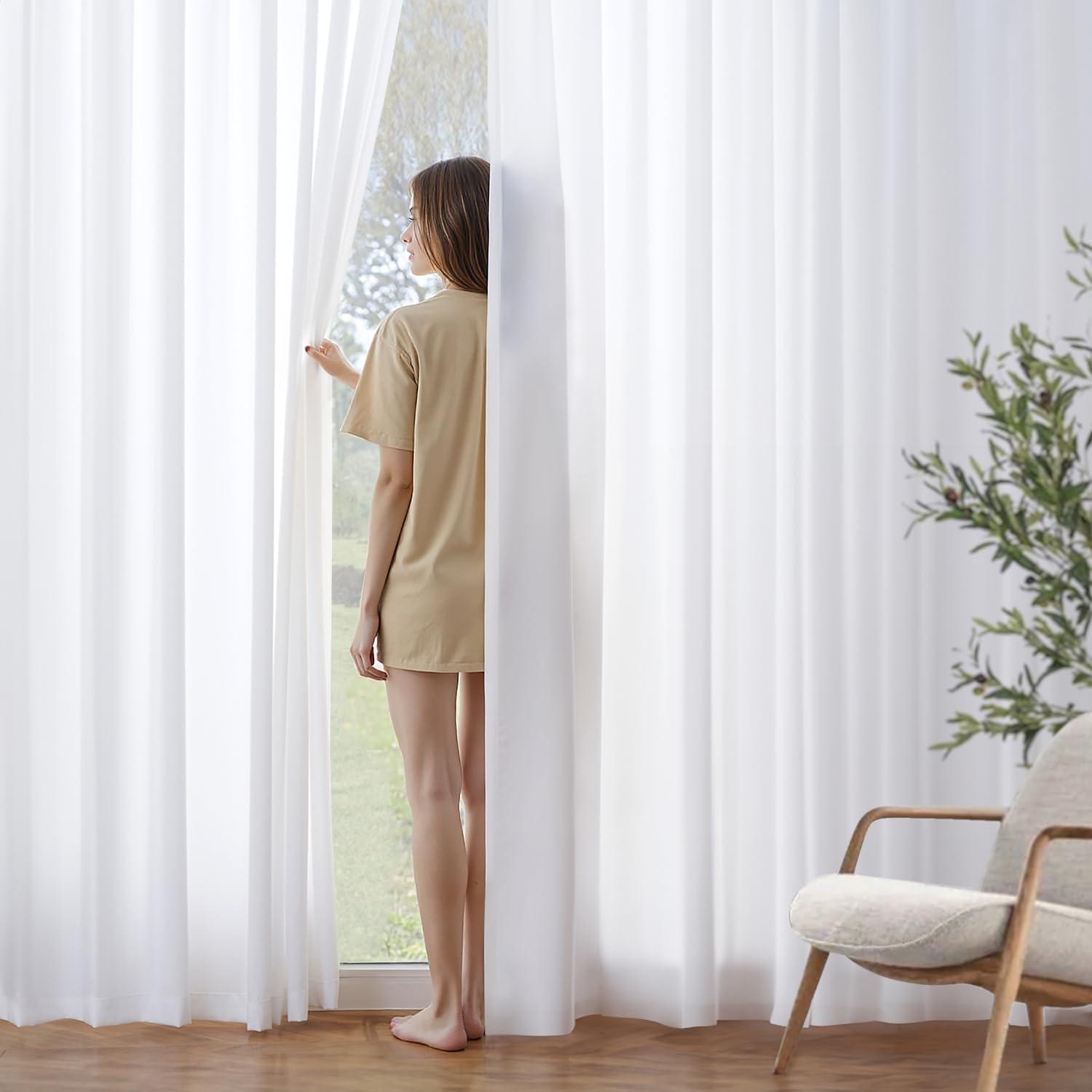 imageMIULEE Hunter Green Privacy Sheer Curtains That Let Light in 84 Inches Long NonSeeThrough Semi Sheer Curtain Light Filtering Window Curtains Christmas Drapes for Living Room Bedroom 2 Panels SetWhite