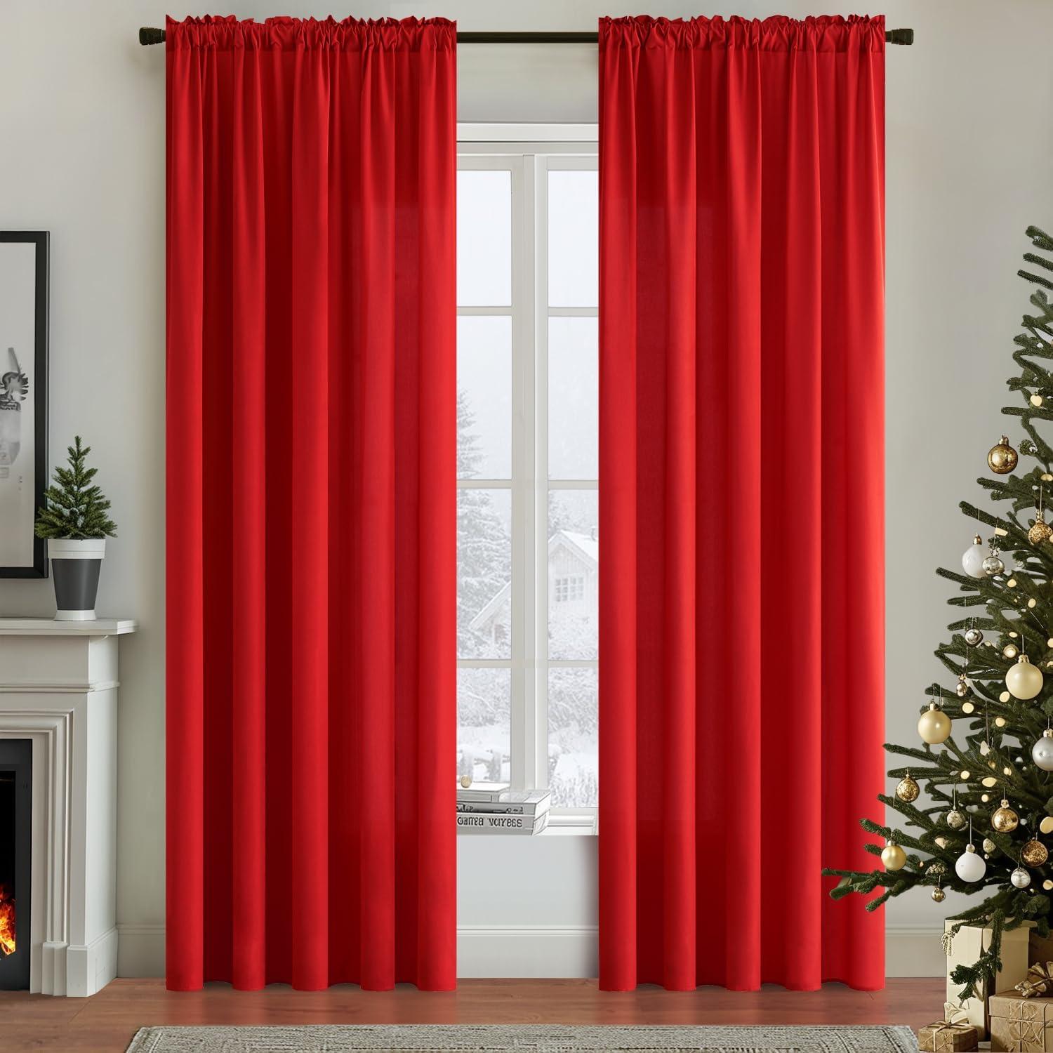 imageMIULEE Hunter Green Privacy Sheer Curtains That Let Light in 84 Inches Long NonSeeThrough Semi Sheer Curtain Light Filtering Window Curtains Christmas Drapes for Living Room Bedroom 2 Panels SetRed