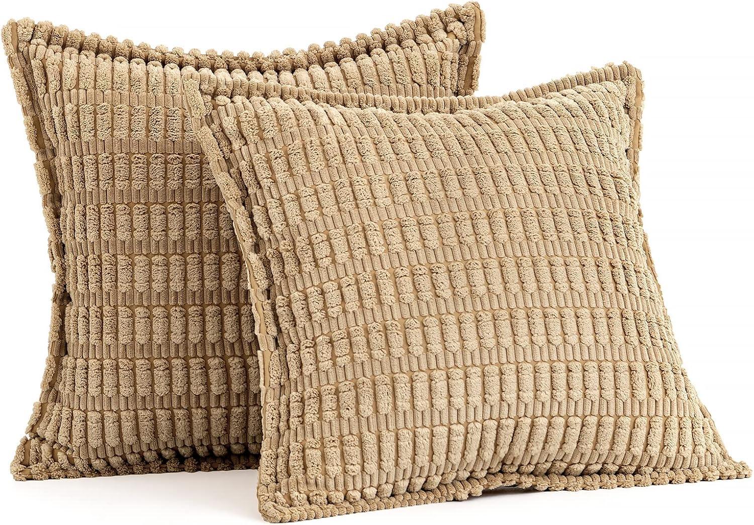imageMIULEE Light Grey Corduroy Decorative Throw Pillow Covers Pack of 2 Soft Striped Pillows Pillowcases with Broad Edge Winter Modern Boho Home Decor for Couch Sofa Bed 18x18 InchKhaki