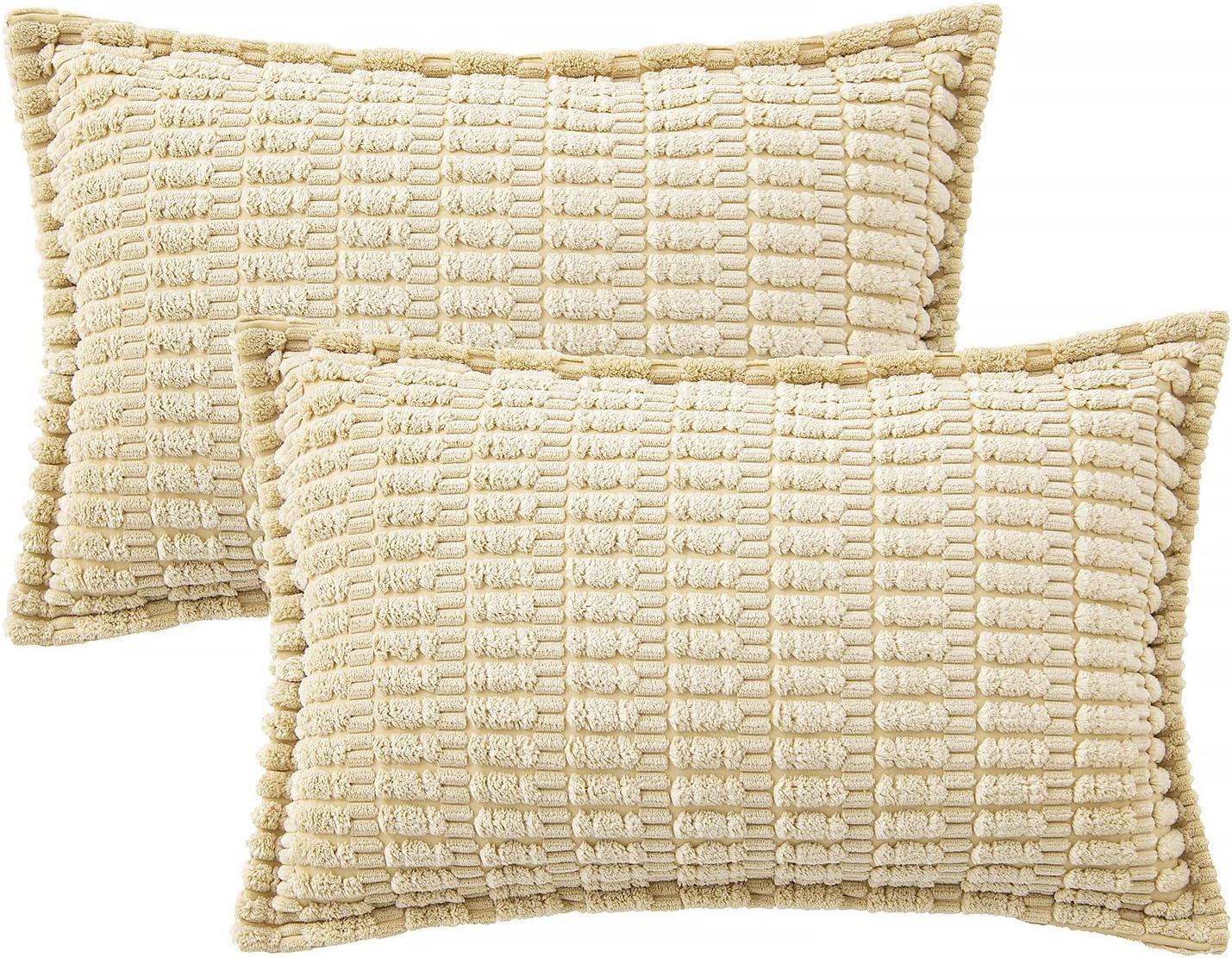 imageMIULEE Light Grey Corduroy Decorative Throw Pillow Covers Pack of 2 Soft Striped Pillows Pillowcases with Broad Edge Winter Modern Boho Home Decor for Couch Sofa Bed 18x18 InchBeige