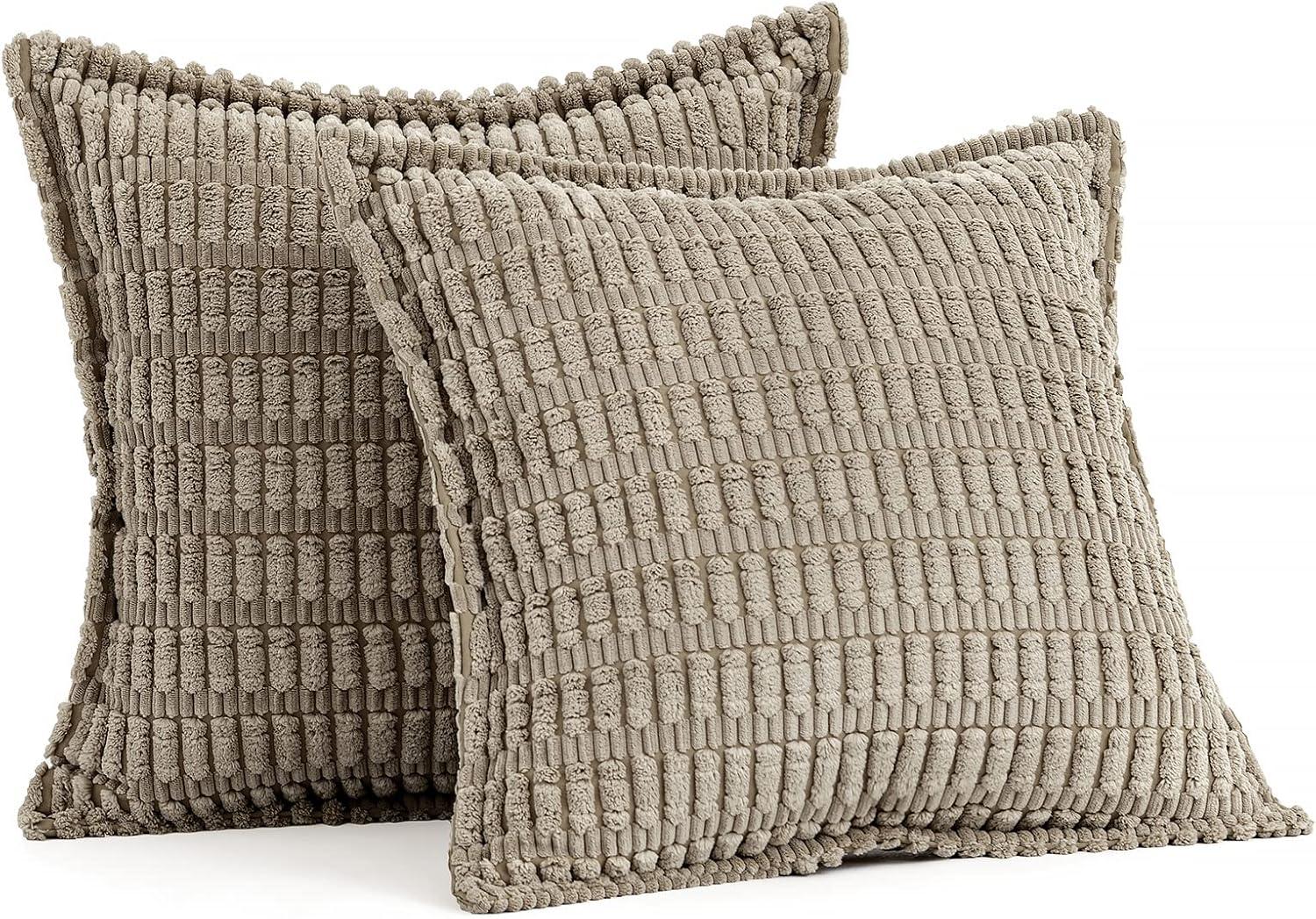 imageMIULEE Light Grey Corduroy Decorative Throw Pillow Covers Pack of 2 Soft Striped Pillows Pillowcases with Broad Edge Winter Modern Boho Home Decor for Couch Sofa Bed 18x18 InchLight Brown