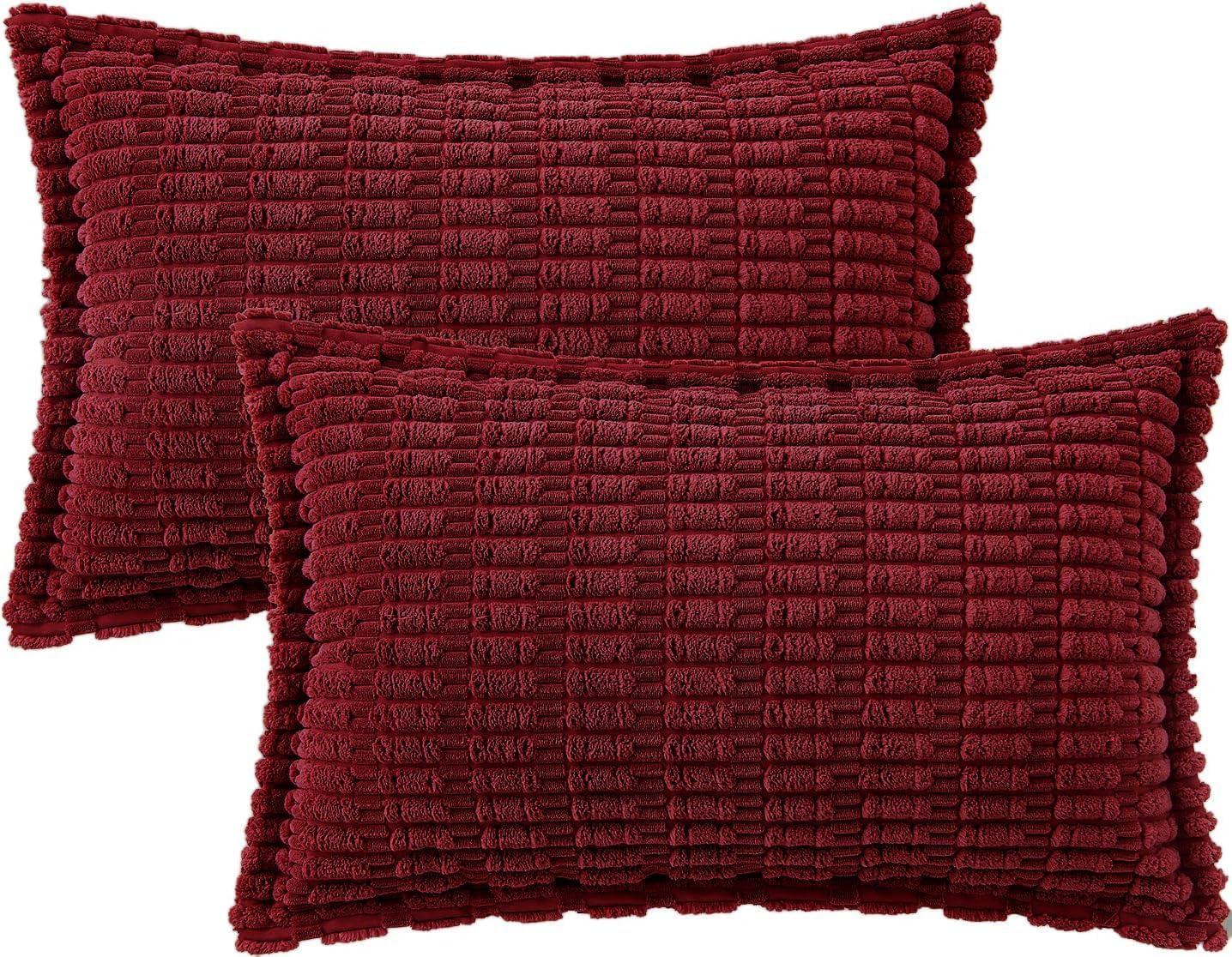 imageMIULEE Light Grey Corduroy Decorative Throw Pillow Covers Pack of 2 Soft Striped Pillows Pillowcases with Broad Edge Winter Modern Boho Home Decor for Couch Sofa Bed 18x18 InchBurgundy