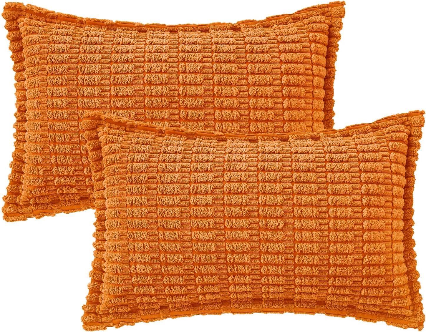 imageMIULEE Light Grey Corduroy Decorative Throw Pillow Covers Pack of 2 Soft Striped Pillows Pillowcases with Broad Edge Winter Modern Boho Home Decor for Couch Sofa Bed 18x18 InchOrange