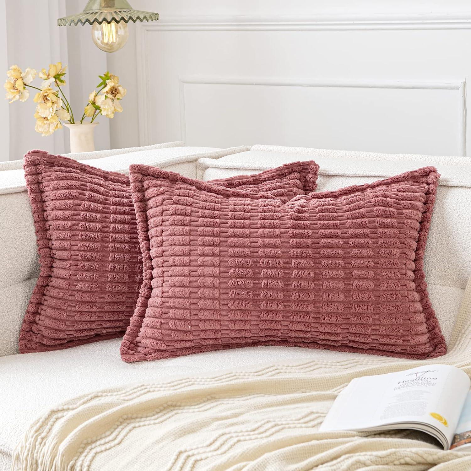 imageMIULEE Light Grey Corduroy Decorative Throw Pillow Covers Pack of 2 Soft Striped Pillows Pillowcases with Broad Edge Winter Modern Boho Home Decor for Couch Sofa Bed 18x18 InchCranberry Red