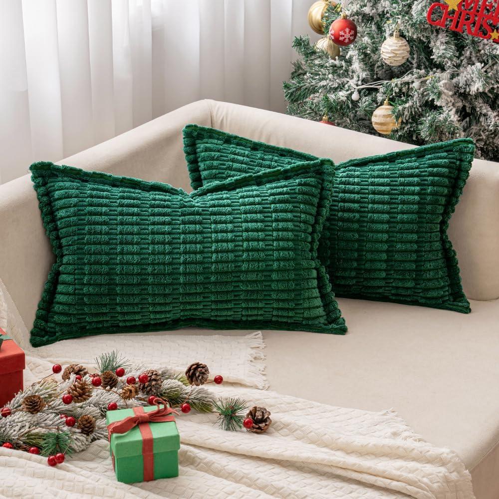 imageMIULEE Light Grey Corduroy Decorative Throw Pillow Covers Pack of 2 Soft Striped Pillows Pillowcases with Broad Edge Winter Modern Boho Home Decor for Couch Sofa Bed 18x18 InchGreen