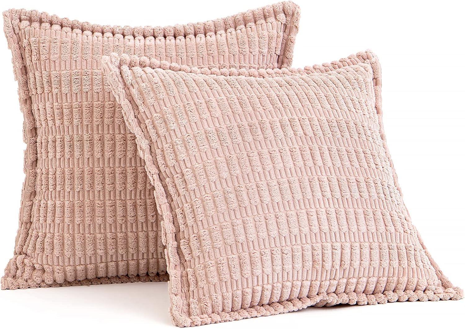 imageMIULEE Light Grey Corduroy Decorative Throw Pillow Covers Pack of 2 Soft Striped Pillows Pillowcases with Broad Edge Winter Modern Boho Home Decor for Couch Sofa Bed 18x18 InchPink