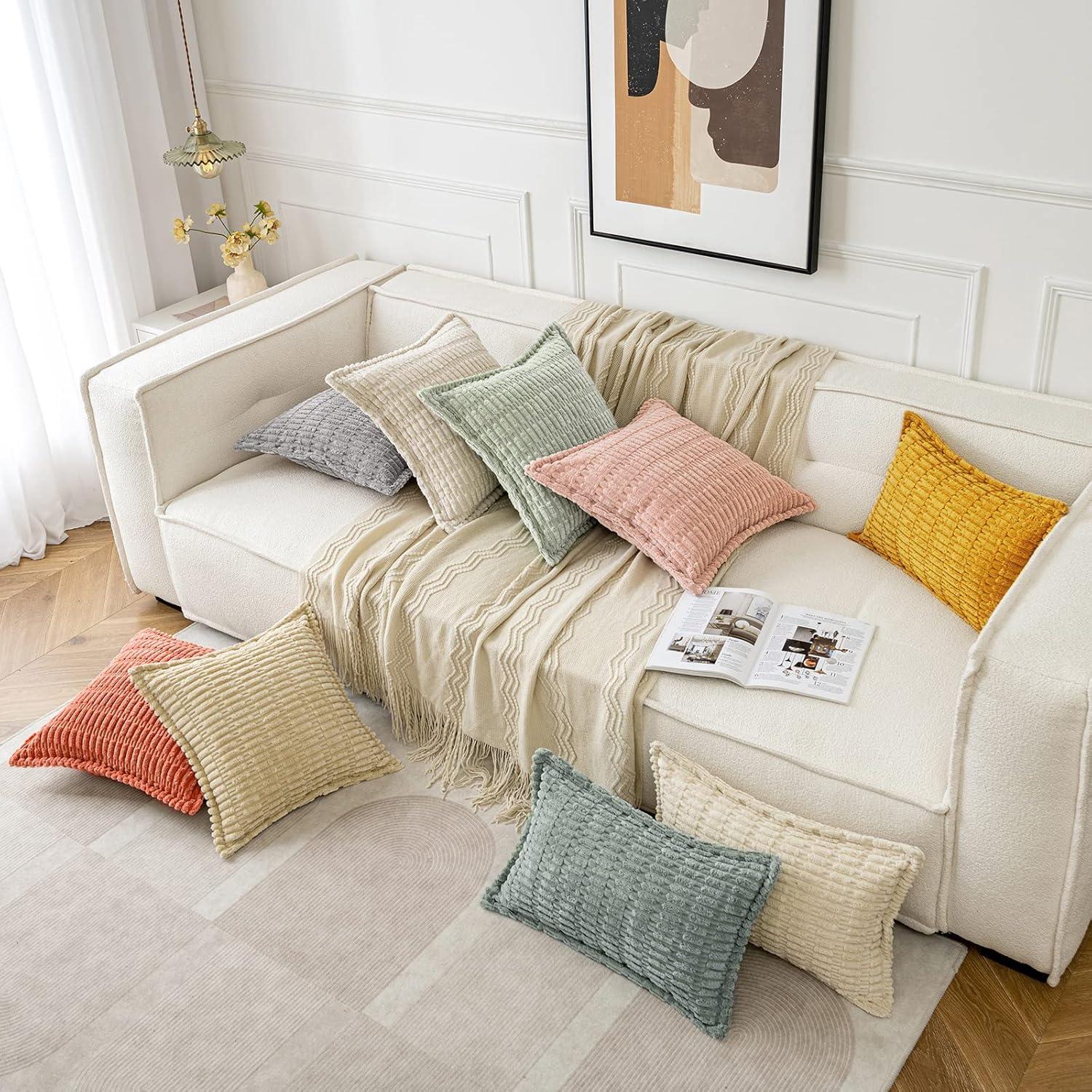 imageMIULEE Light Grey Corduroy Decorative Throw Pillow Covers Pack of 2 Soft Striped Pillows Pillowcases with Broad Edge Winter Modern Boho Home Decor for Couch Sofa Bed 18x18 InchPink