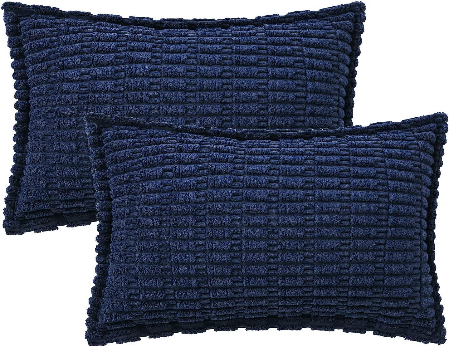 imageMIULEE Light Grey Corduroy Decorative Throw Pillow Covers Pack of 2 Soft Striped Pillows Pillowcases with Broad Edge Winter Modern Boho Home Decor for Couch Sofa Bed 18x18 InchDark Blue