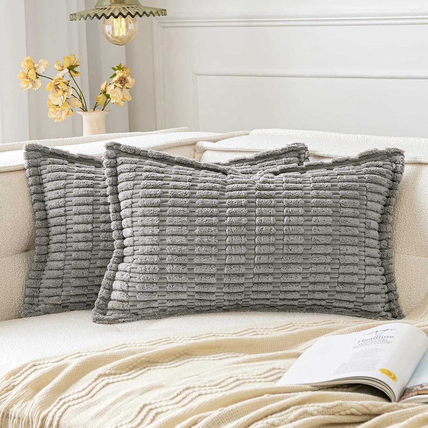 imageMIULEE Light Grey Corduroy Decorative Throw Pillow Covers Pack of 2 Soft Striped Pillows Pillowcases with Broad Edge Winter Modern Boho Home Decor for Couch Sofa Bed 18x18 InchLight Grey