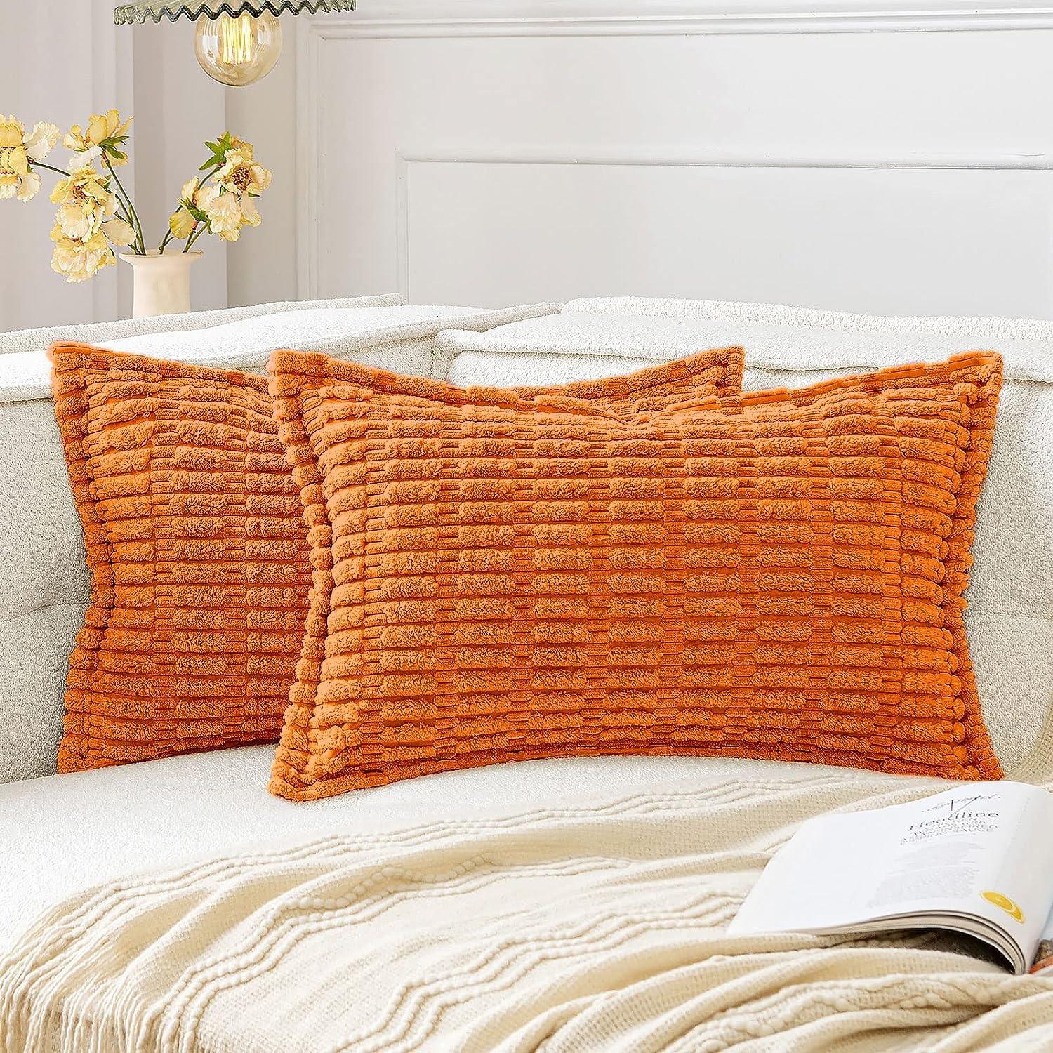 imageMIULEE Light Grey Corduroy Decorative Throw Pillow Covers Pack of 2 Soft Striped Pillows Pillowcases with Broad Edge Winter Modern Boho Home Decor for Couch Sofa Bed 18x18 InchOrange