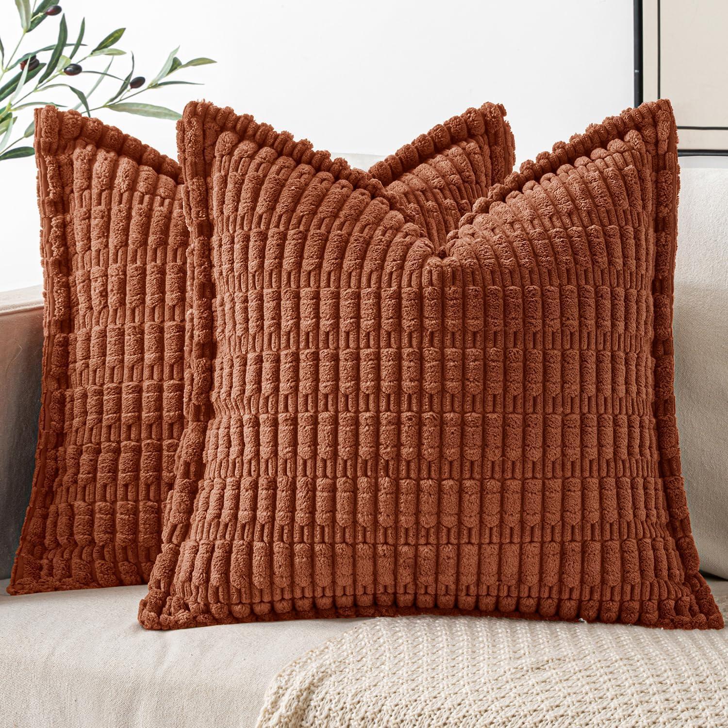 imageMIULEE Light Grey Corduroy Decorative Throw Pillow Covers Pack of 2 Soft Striped Pillows Pillowcases with Broad Edge Winter Modern Boho Home Decor for Couch Sofa Bed 18x18 InchDark Rust