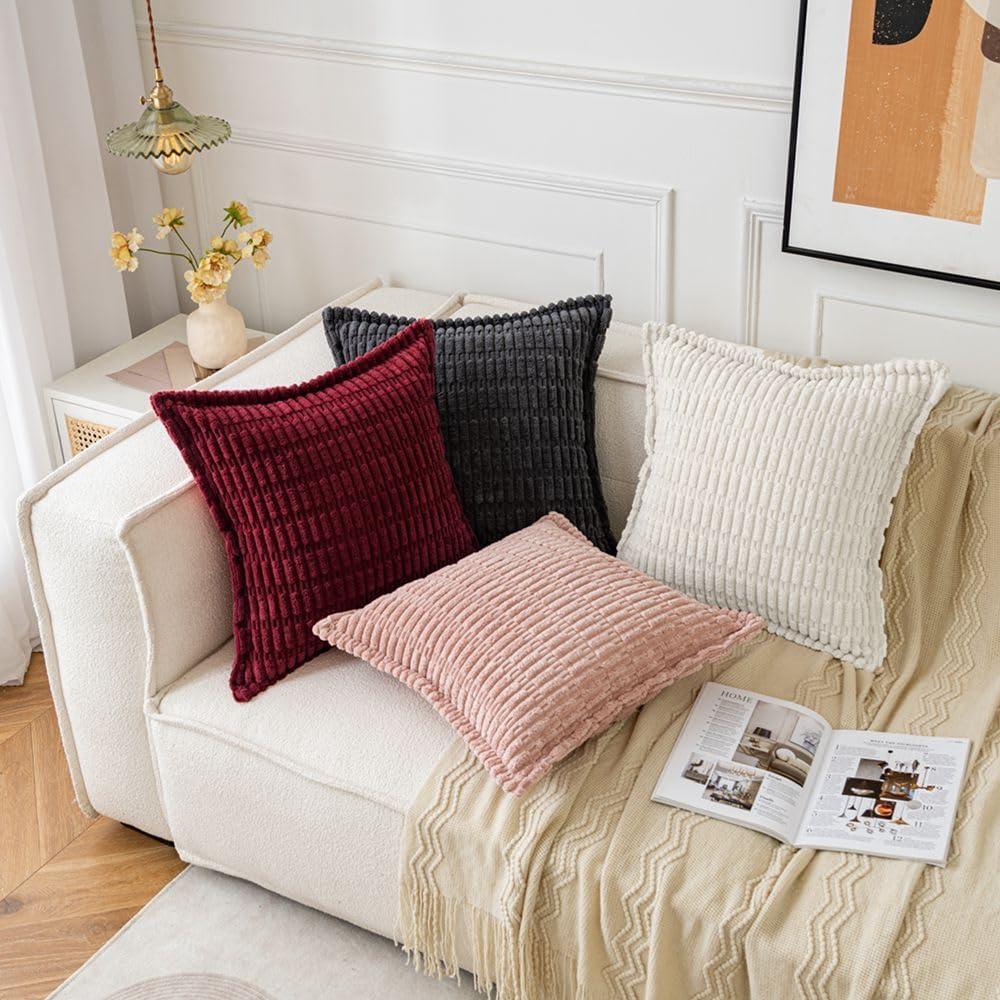 imageMIULEE Light Grey Corduroy Decorative Throw Pillow Covers Pack of 2 Soft Striped Pillows Pillowcases with Broad Edge Winter Modern Boho Home Decor for Couch Sofa Bed 18x18 InchPure White