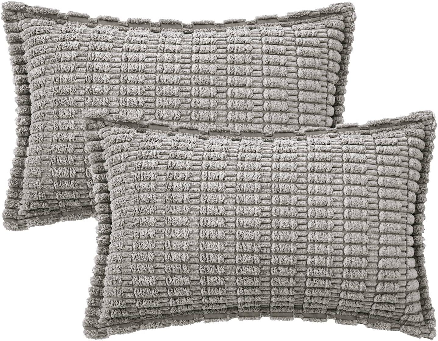 imageMIULEE Light Grey Corduroy Decorative Throw Pillow Covers Pack of 2 Soft Striped Pillows Pillowcases with Broad Edge Winter Modern Boho Home Decor for Couch Sofa Bed 18x18 InchLight Grey