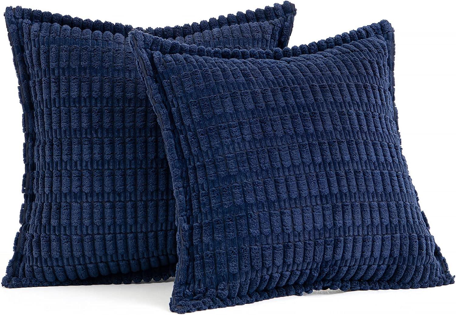 imageMIULEE Light Grey Corduroy Decorative Throw Pillow Covers Pack of 2 Soft Striped Pillows Pillowcases with Broad Edge Winter Modern Boho Home Decor for Couch Sofa Bed 18x18 InchDark Blue