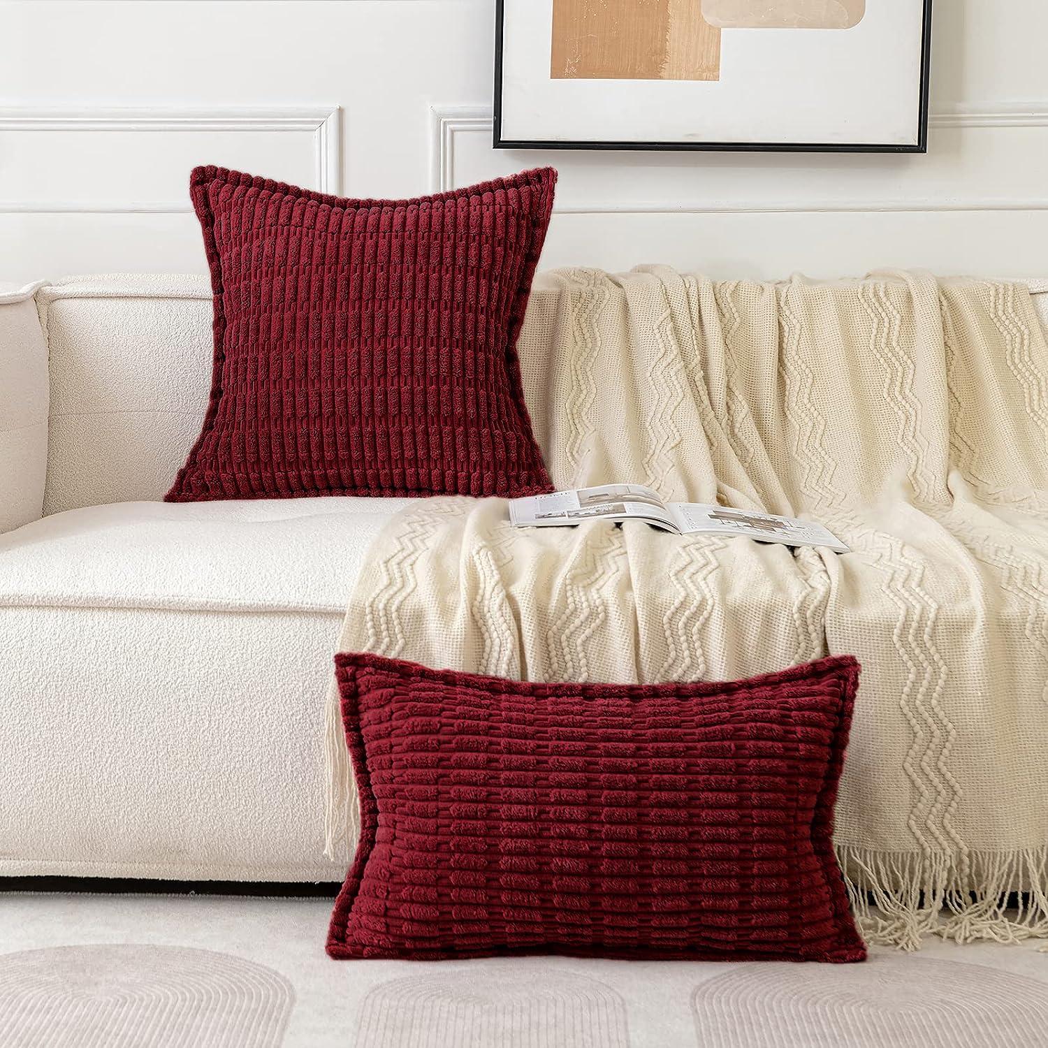 imageMIULEE Light Grey Corduroy Decorative Throw Pillow Covers Pack of 2 Soft Striped Pillows Pillowcases with Broad Edge Winter Modern Boho Home Decor for Couch Sofa Bed 18x18 InchBurgundy
