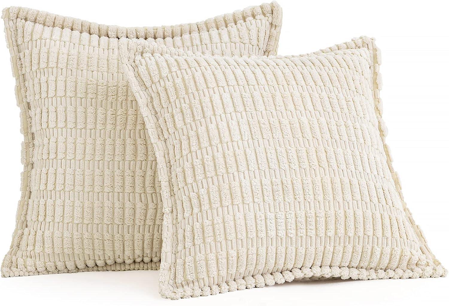 imageMIULEE Light Grey Corduroy Decorative Throw Pillow Covers Pack of 2 Soft Striped Pillows Pillowcases with Broad Edge Winter Modern Boho Home Decor for Couch Sofa Bed 18x18 InchCream White