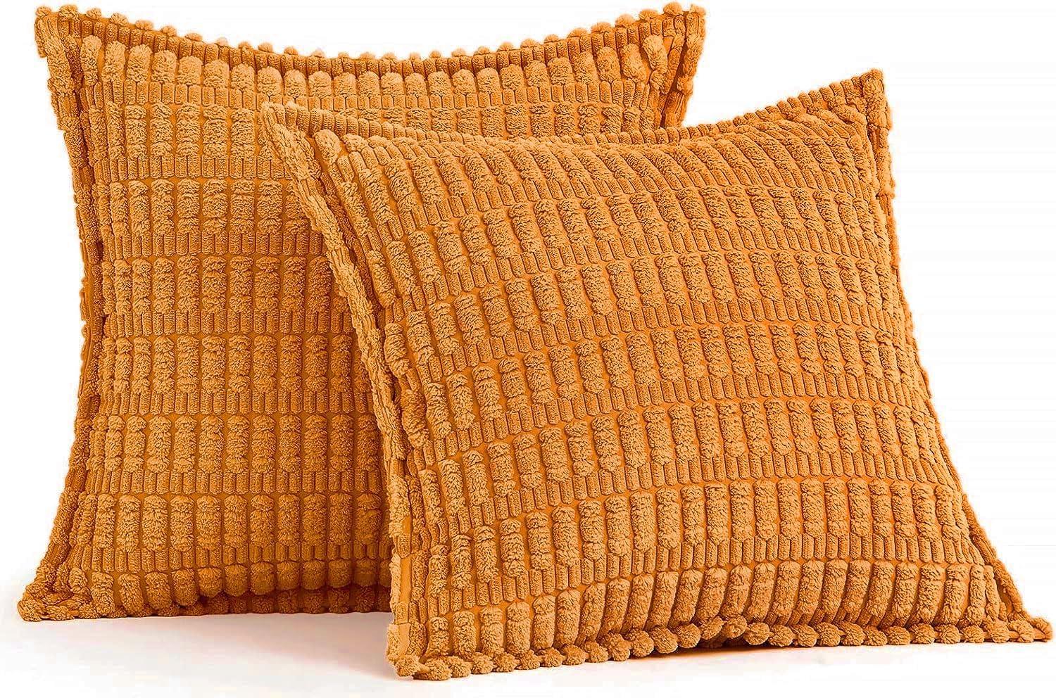 imageMIULEE Light Grey Corduroy Decorative Throw Pillow Covers Pack of 2 Soft Striped Pillows Pillowcases with Broad Edge Winter Modern Boho Home Decor for Couch Sofa Bed 18x18 InchBurnt Orange