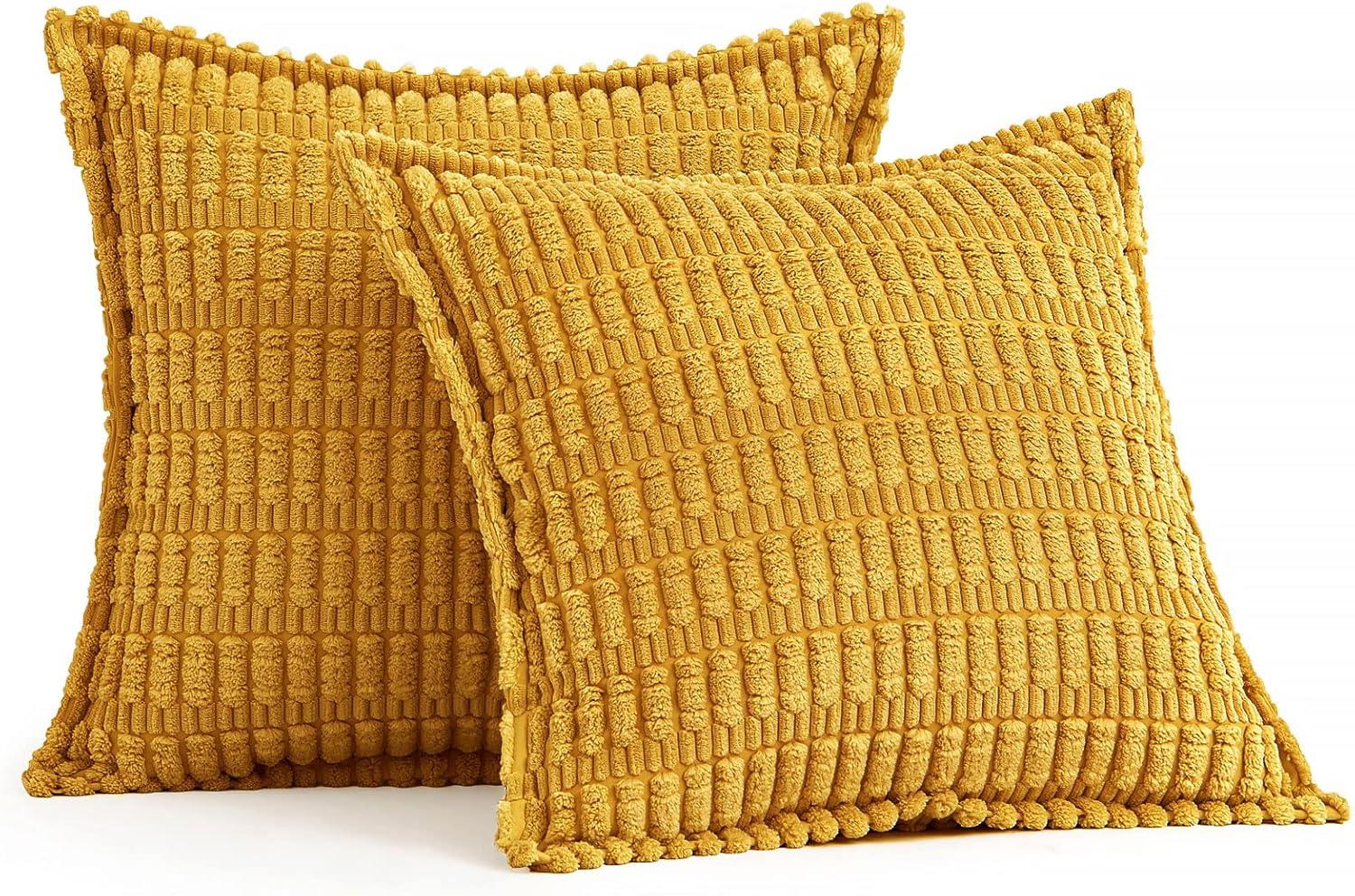 imageMIULEE Light Grey Corduroy Decorative Throw Pillow Covers Pack of 2 Soft Striped Pillows Pillowcases with Broad Edge Winter Modern Boho Home Decor for Couch Sofa Bed 18x18 InchMustard Yellow