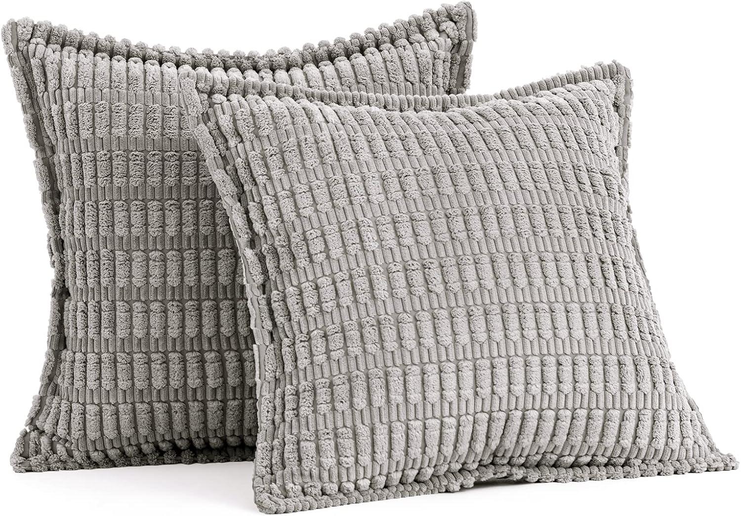 imageMIULEE Light Grey Corduroy Decorative Throw Pillow Covers Pack of 2 Soft Striped Pillows Pillowcases with Broad Edge Winter Modern Boho Home Decor for Couch Sofa Bed 18x18 InchLight Grey
