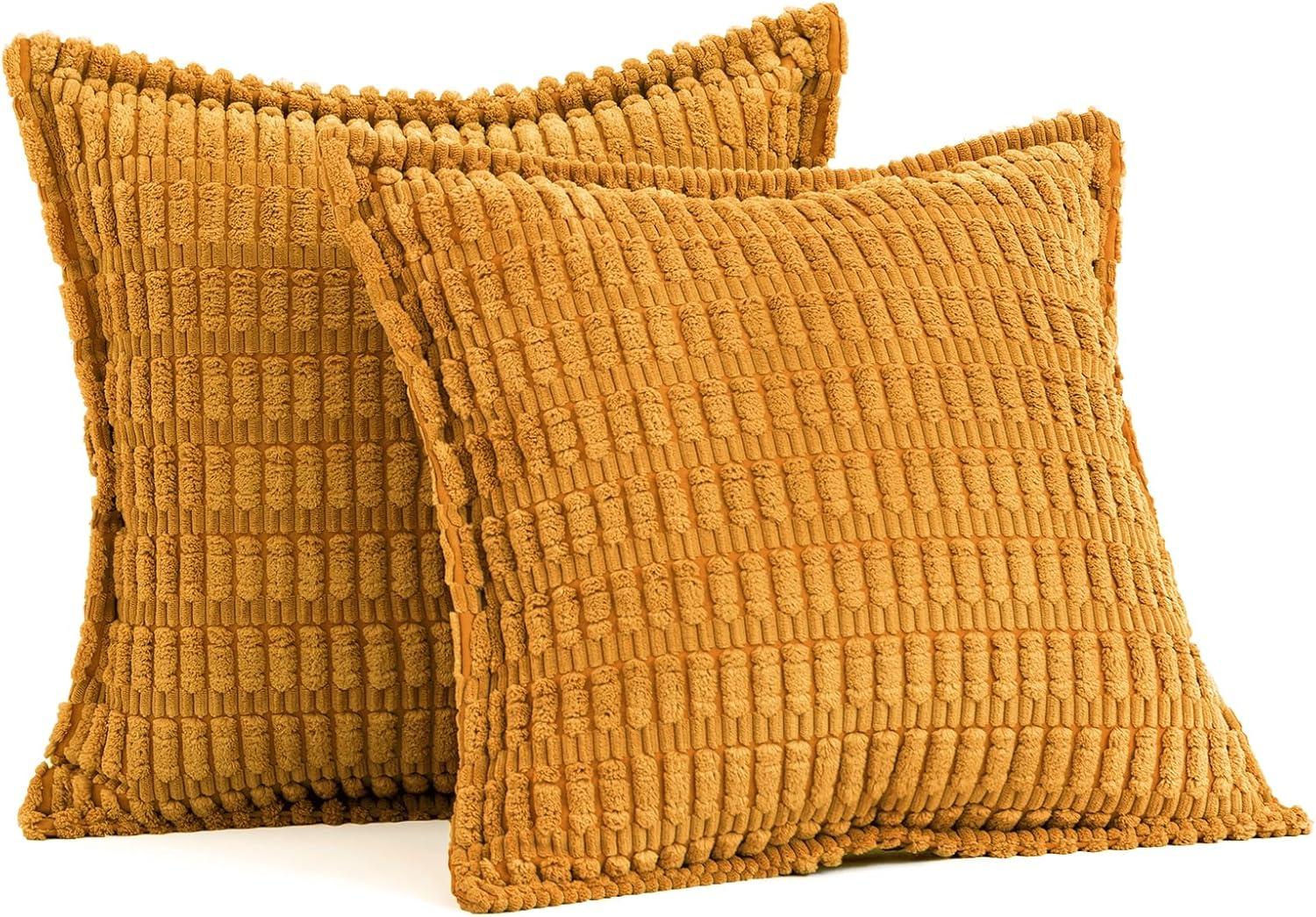 imageMIULEE Light Grey Corduroy Decorative Throw Pillow Covers Pack of 2 Soft Striped Pillows Pillowcases with Broad Edge Winter Modern Boho Home Decor for Couch Sofa Bed 18x18 InchGold Yellow