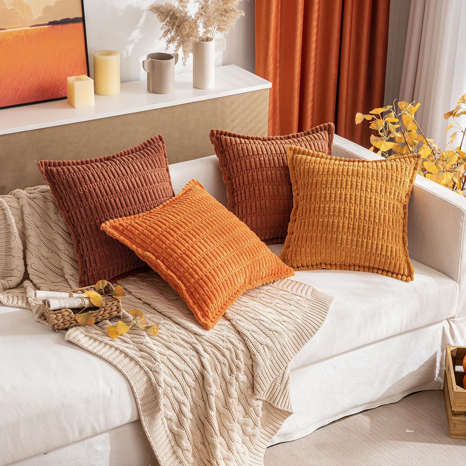 imageMIULEE Light Grey Corduroy Decorative Throw Pillow Covers Pack of 2 Soft Striped Pillows Pillowcases with Broad Edge Winter Modern Boho Home Decor for Couch Sofa Bed 18x18 InchOrange