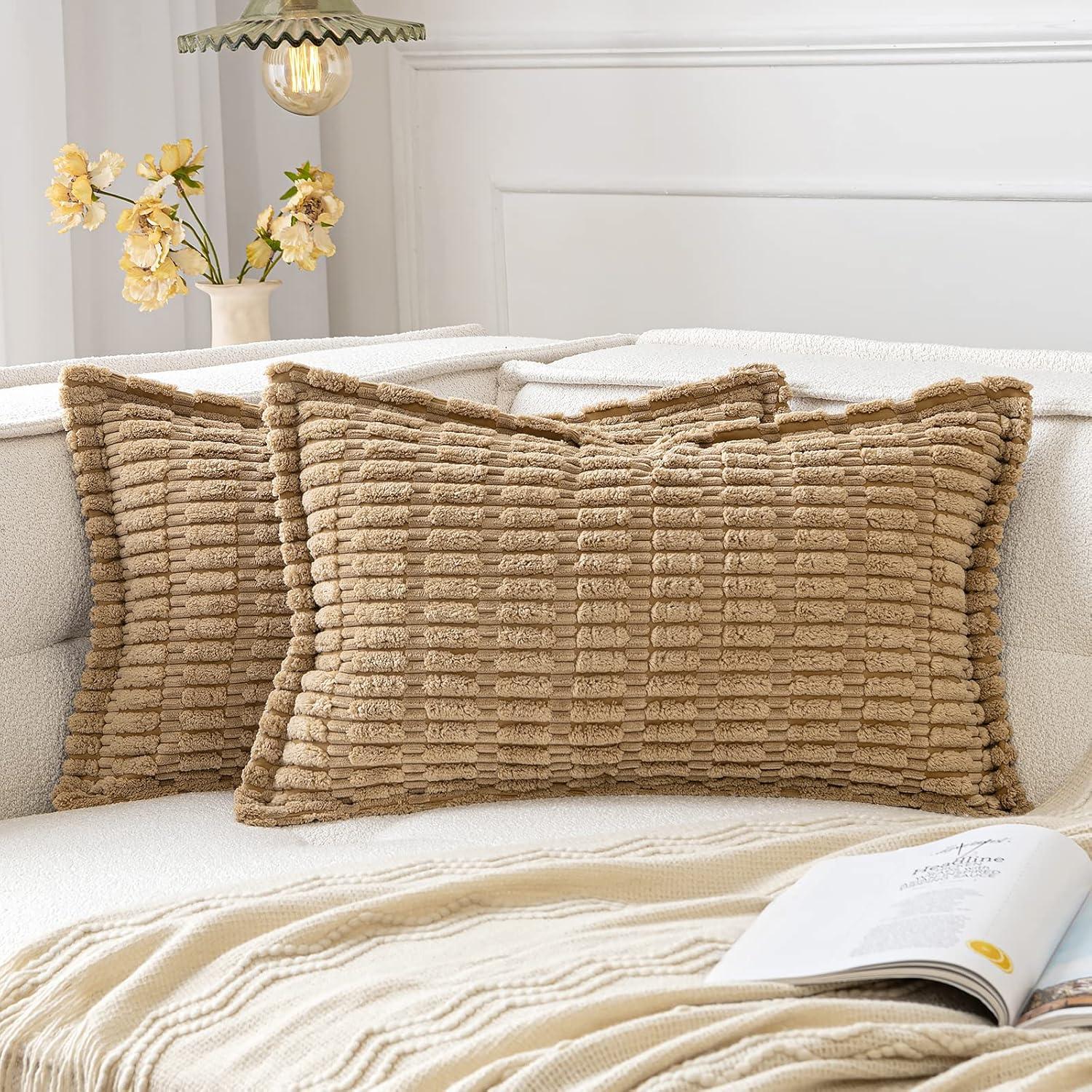 imageMIULEE Light Grey Corduroy Decorative Throw Pillow Covers Pack of 2 Soft Striped Pillows Pillowcases with Broad Edge Winter Modern Boho Home Decor for Couch Sofa Bed 18x18 InchKhaki