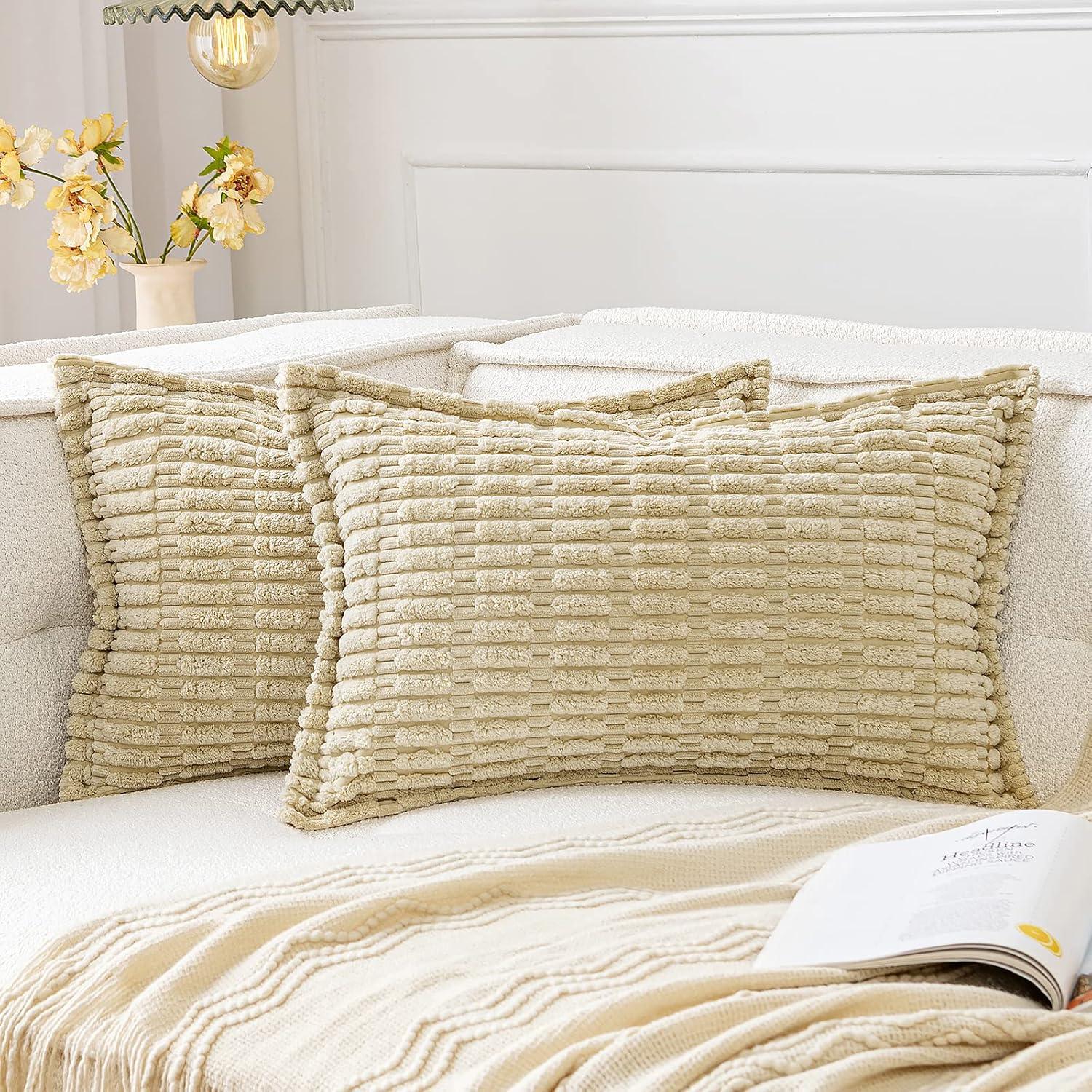imageMIULEE Light Grey Corduroy Decorative Throw Pillow Covers Pack of 2 Soft Striped Pillows Pillowcases with Broad Edge Winter Modern Boho Home Decor for Couch Sofa Bed 18x18 InchBeige