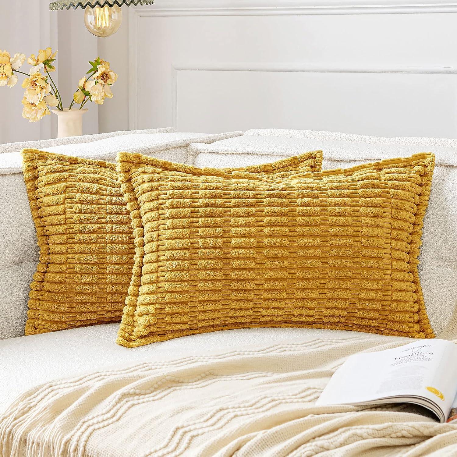 imageMIULEE Light Grey Corduroy Decorative Throw Pillow Covers Pack of 2 Soft Striped Pillows Pillowcases with Broad Edge Winter Modern Boho Home Decor for Couch Sofa Bed 18x18 InchMustard Yellow
